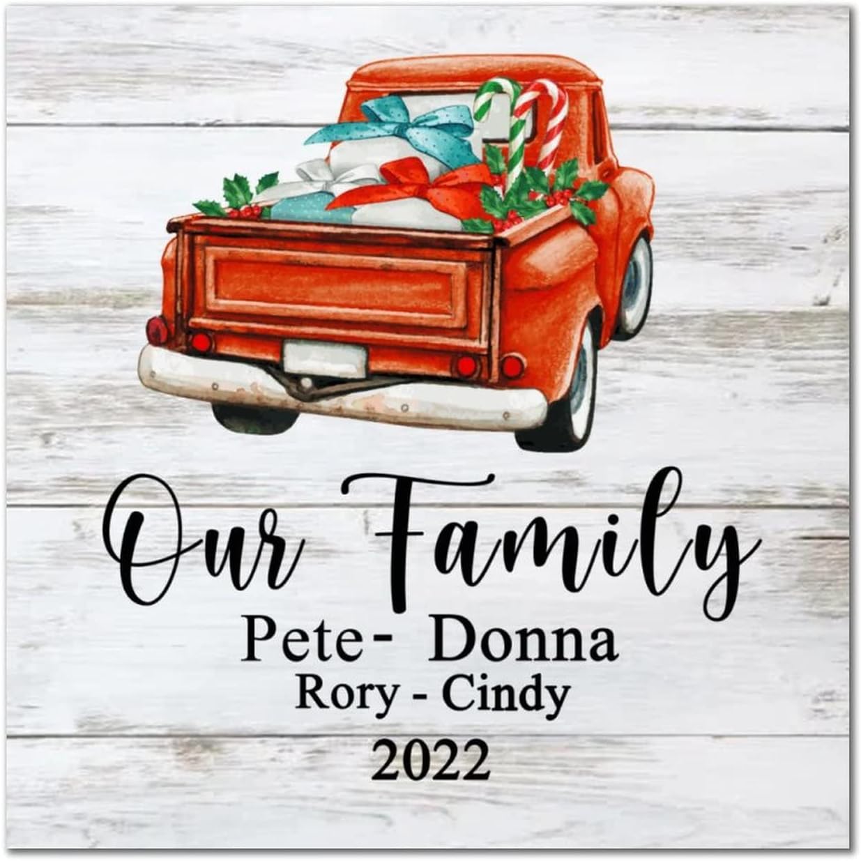 Our Family Red Truck Wood Sign Custom Family Members Name Hanging Wood Sign Farmhouse Hello Winter Home Family Wall Decor For Laundry Room Bathroom Bedroom Home Housewarming Gift 16x16in