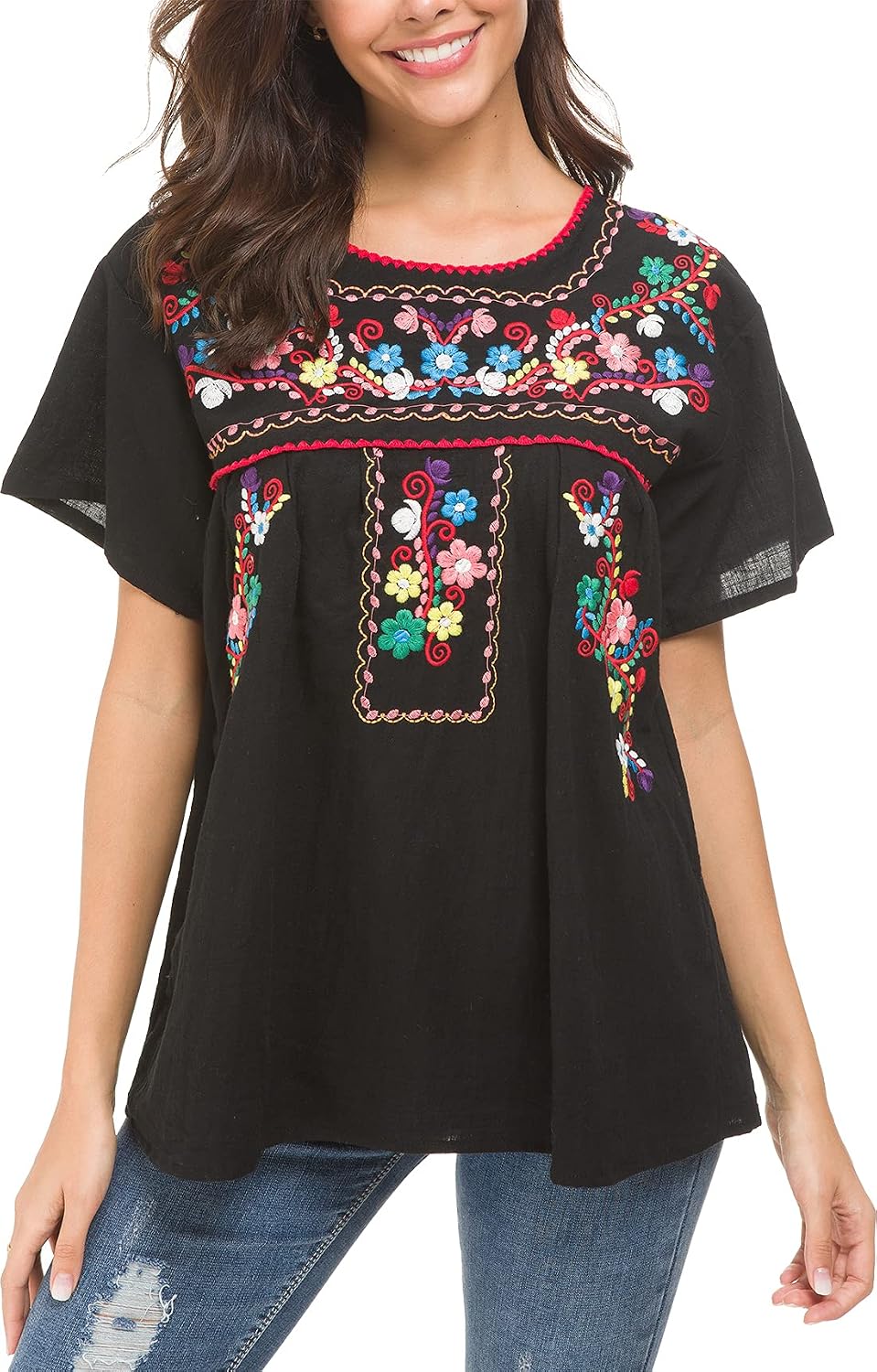YZXDORWJ Women's Embroidered Mexican Peasant Blouse Mexico Summer Shirt Short Sleeve