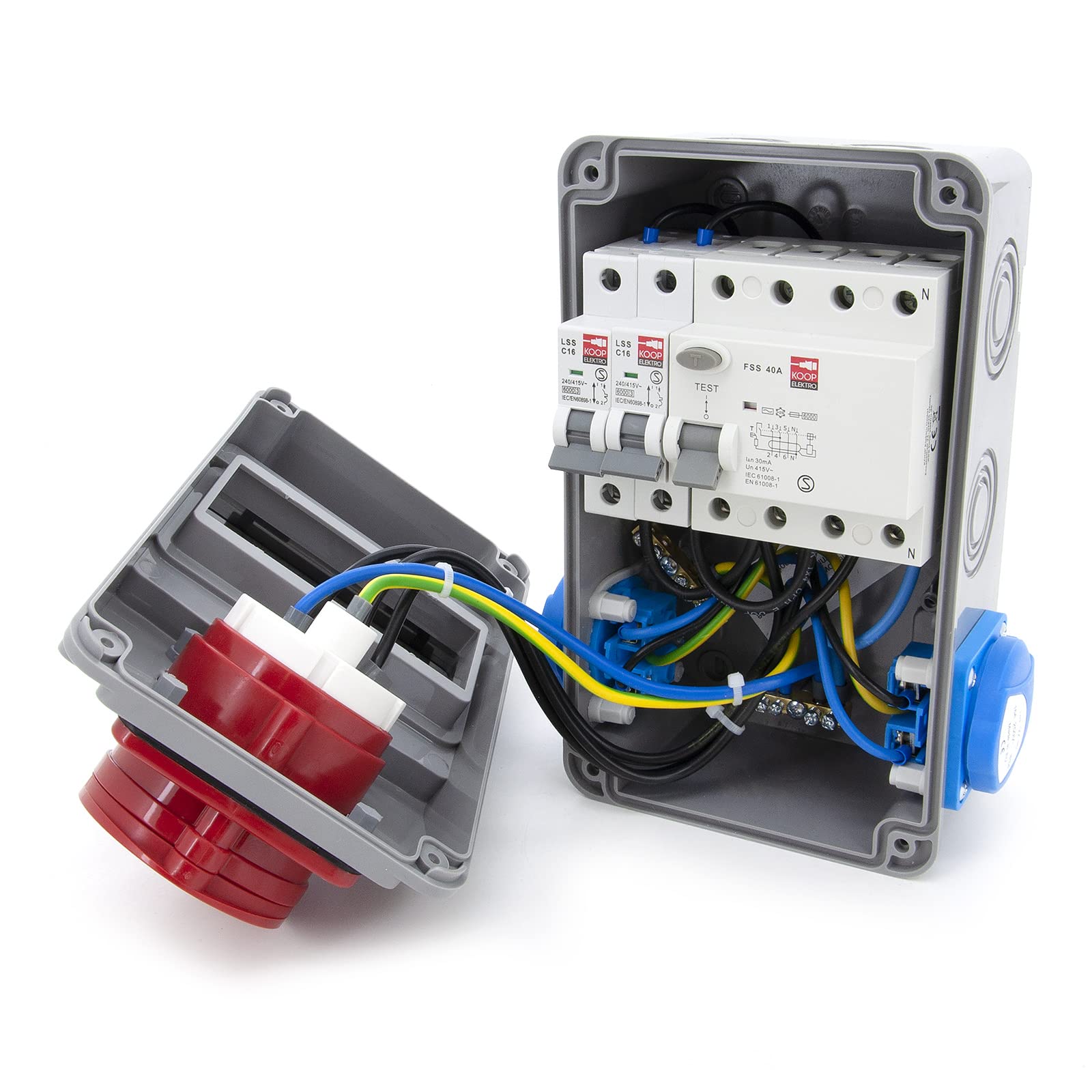 ELS Elektrotechnika répartiteur de chantier filaire répartiteur mural répartiteur de courant avec fusibles et prises 2x230V + 2 x disjoncteurs miniatures C16 1 pôle, IP54, pour intérieur/extérieur
