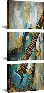 sechars Music Canvas Wall Art Guitar Painting on Canvas Music Room Decor Teal and Gold Artwork Framed Ready to Hang