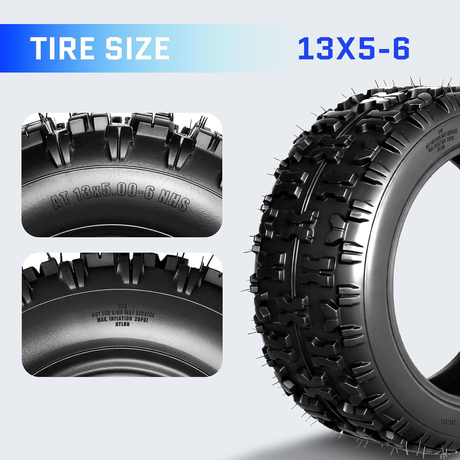 TRIBLE SIX 13x5-6 ATV/UTV Tires Set of 2, 13x5x6 All-Terrain Tires, 2PR Tubeless, Non-Directional Tread for Mud, Trail, Sand
