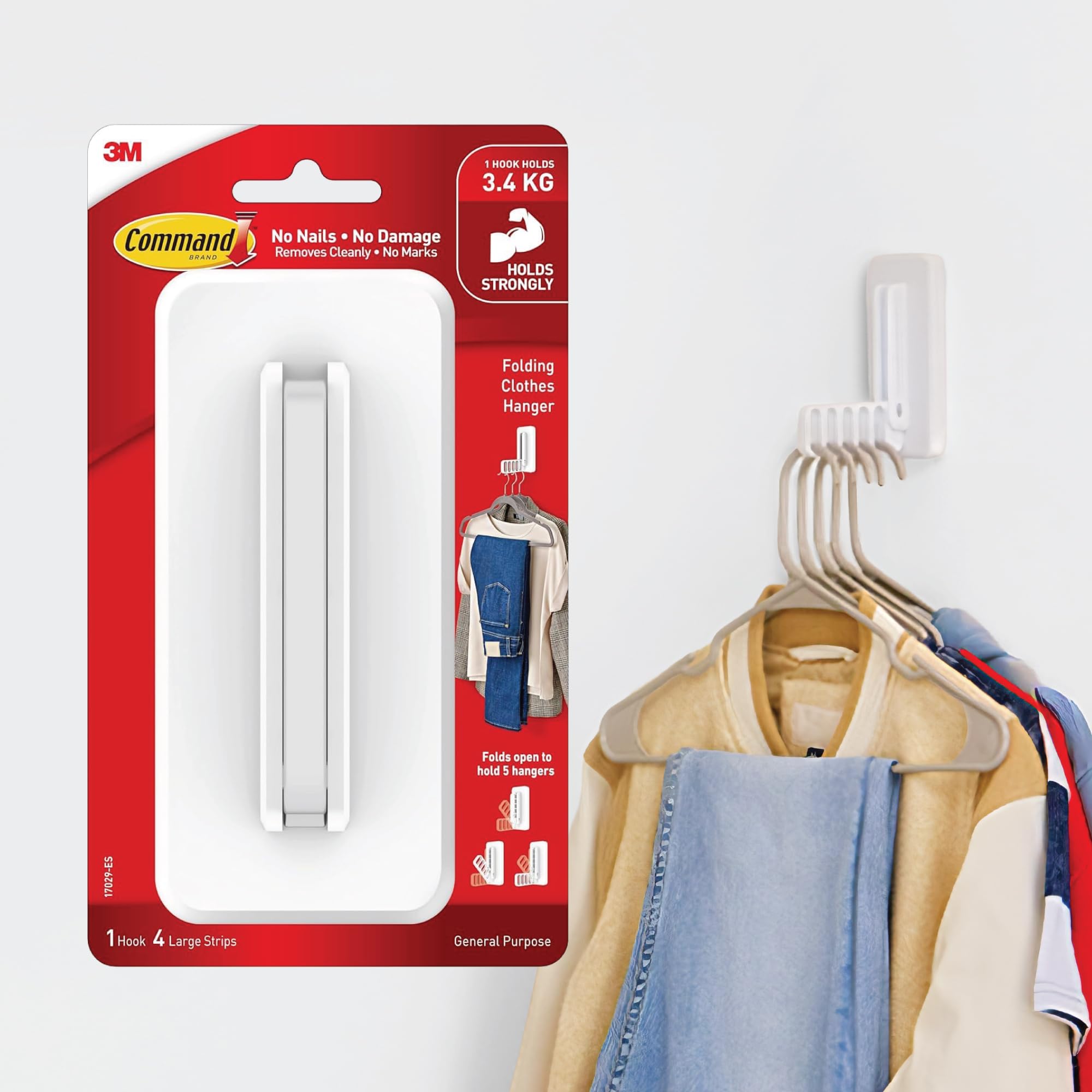 Command Folding Clothes Hanger Hook, Paint Damage Free, Heavy Duty, Holds up to 5 Hangers 3.4 kgs, Holds Strongly, Adhesive Hooks for Wall, Home Organization-image-1
