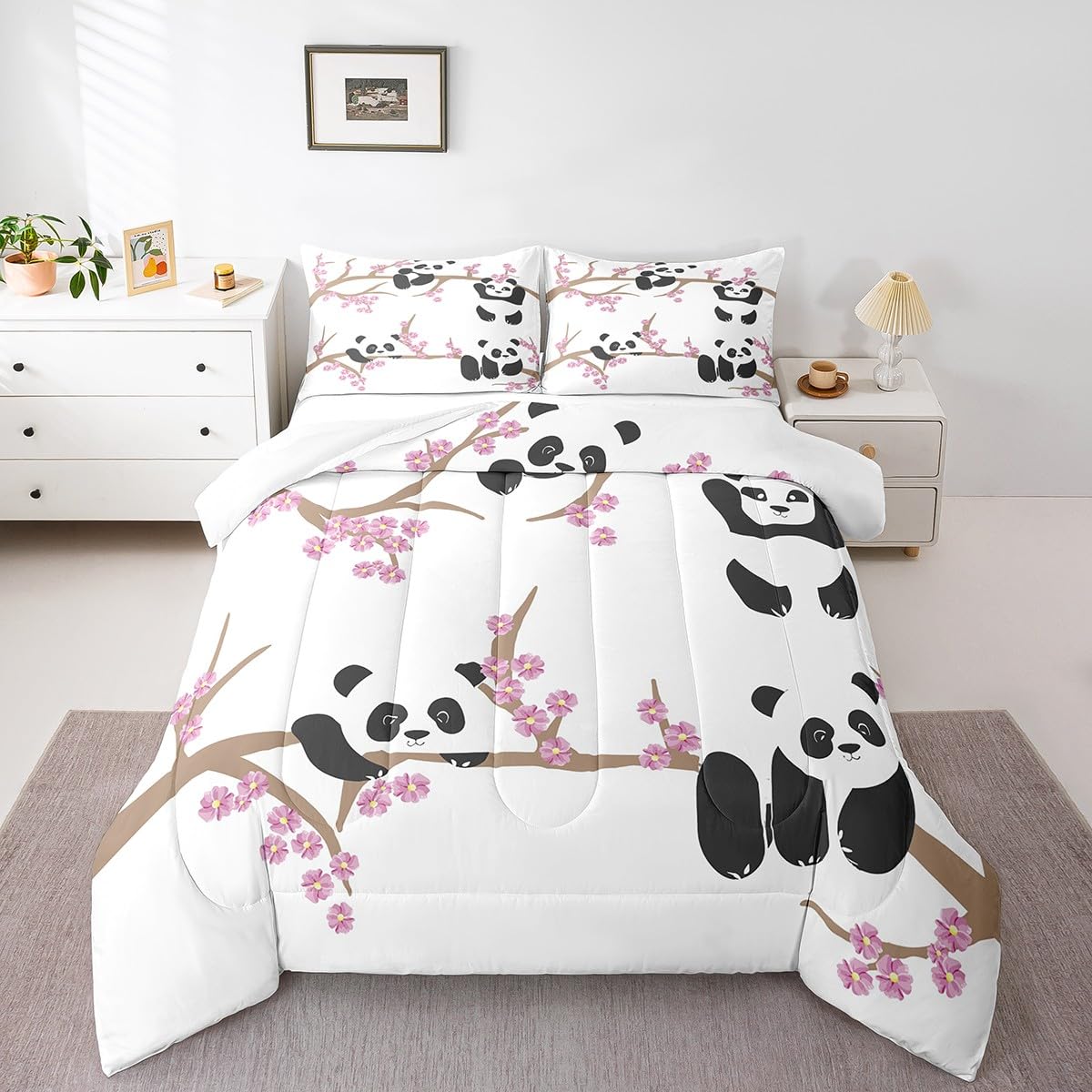 Erosebridal Kids Panda Comforter Set, Cherry Blossoms Bedding Set Queen Size Cute Animal Quilted Duvet for Boys Girls Teens Adult, Flower Branches
