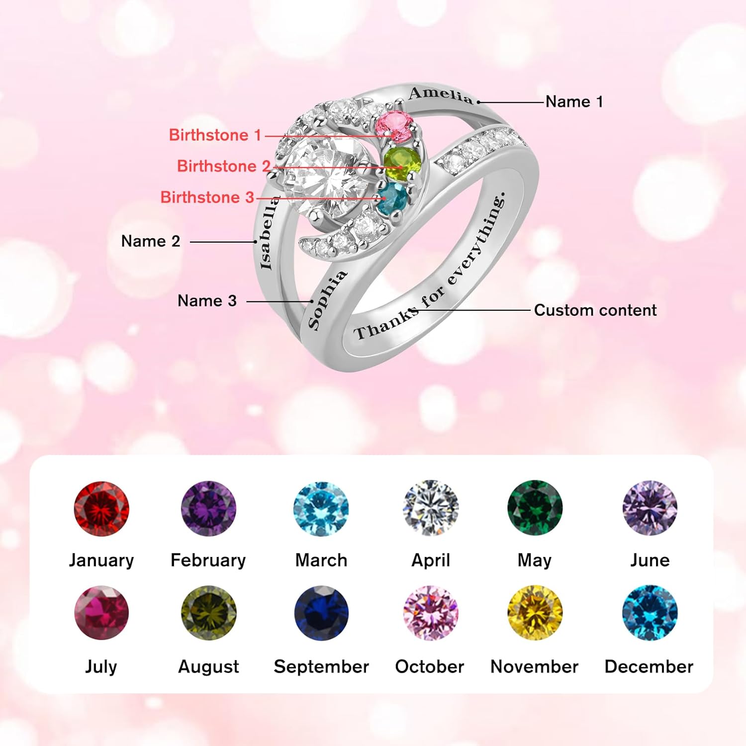 SYP S925 Sterling Silver Personalized Mothers Birthstone Ring with 1-8 Names for Women Wife Mom Gift Custom Family Moon Ring for Mothers Day Christmas Birthday