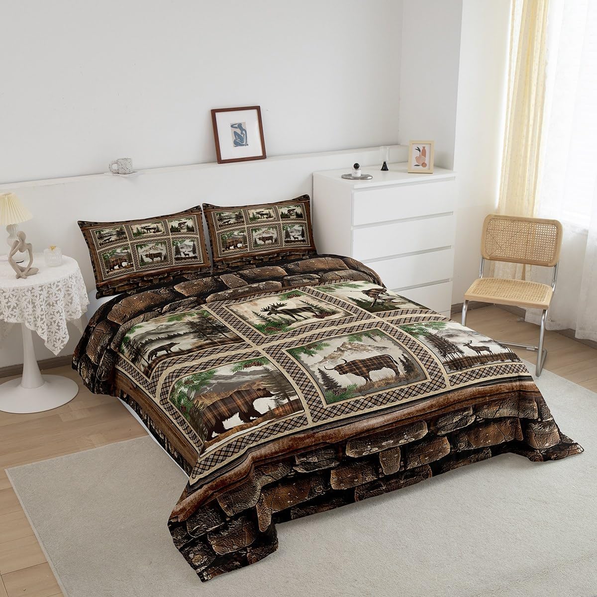 Feelyou Rustic Bear Comforter Set Twin Size Boys Girls Farmhouse Deer Bedding Set for Kids Cabin Moose Duvet Quilt Highland Cow Brown Plaid Grid Room Decor