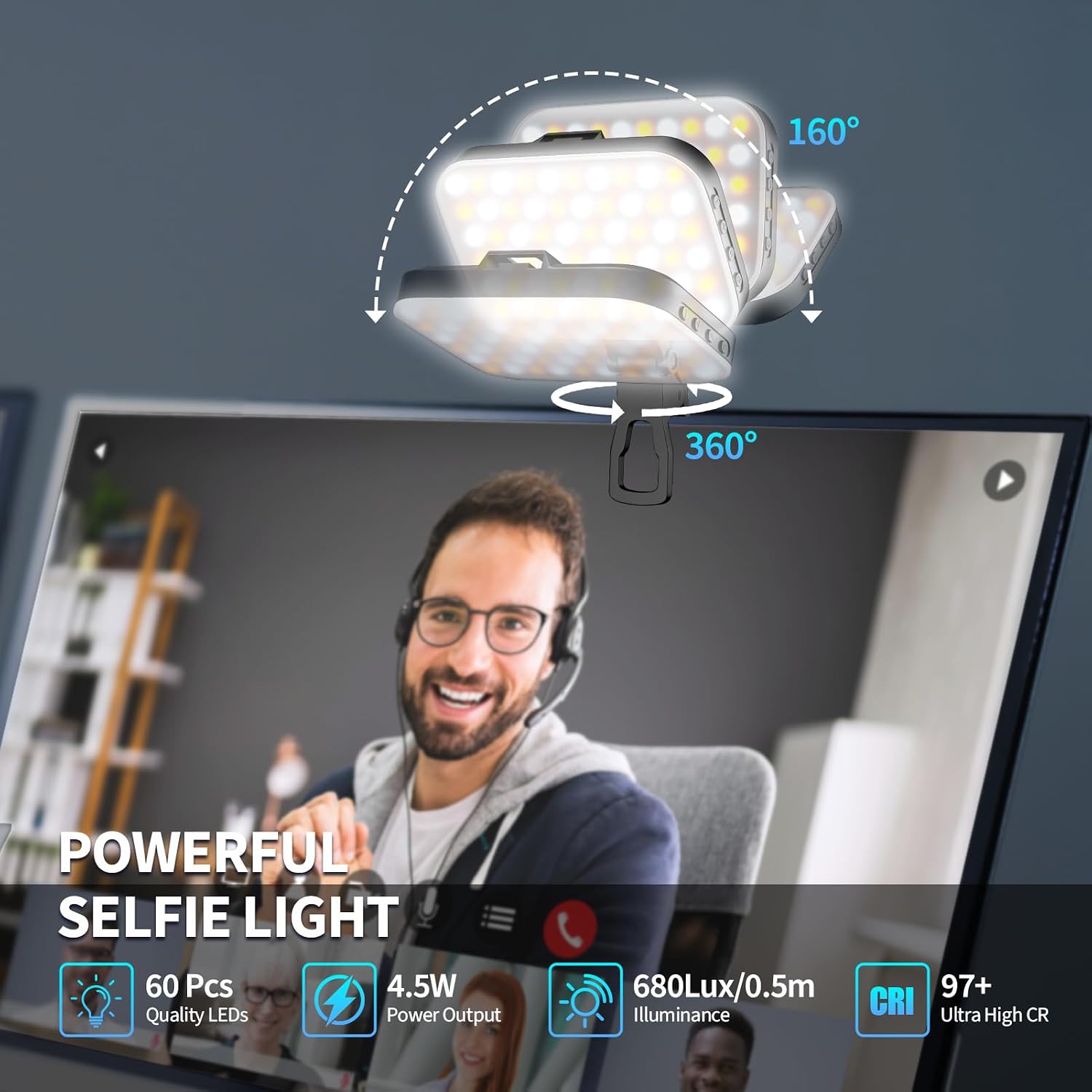 EMART 60 LED Selfie Light for iPhone, Protable Clip Light for Phone Camera with 360° & 160° Rotatable Adapter Attachment, CRI 97+ 2200mAh Rechargeable for Influencer Video Recording Makeup