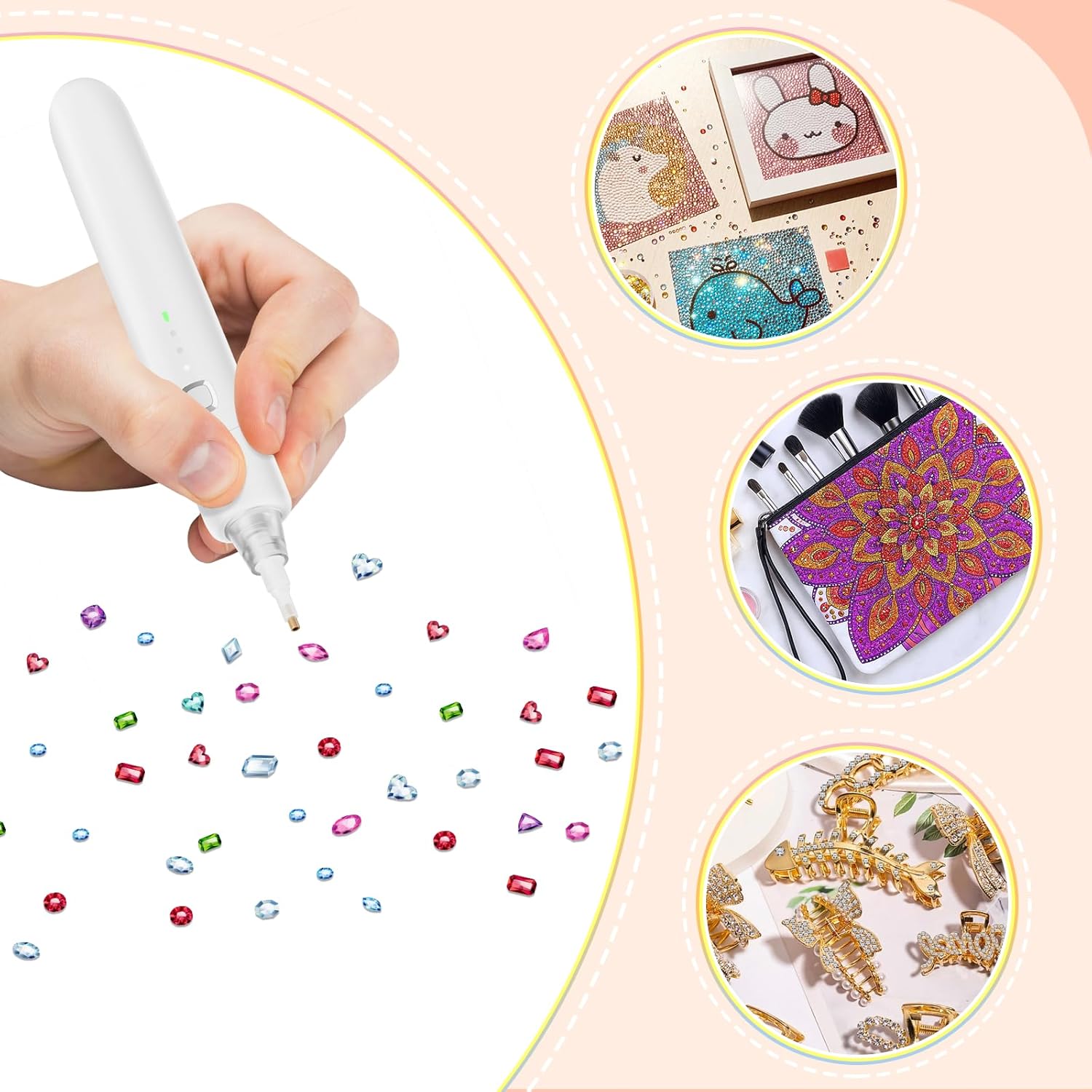 Electric Diamond Painting Pen, Cordless Diamond Art Vacuum Pen, No Wax Needed Diamond Painting Tools with Adjustable Suction Mode (White)