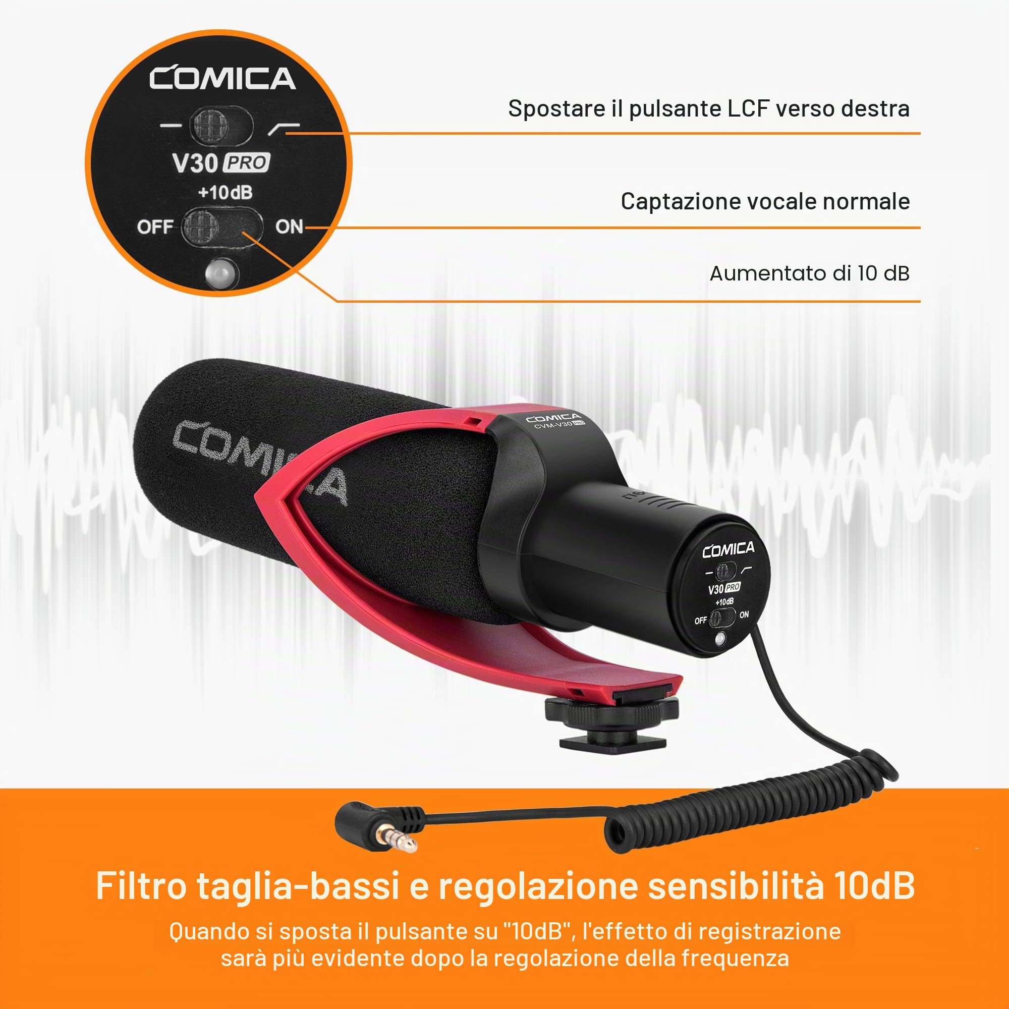 CVM-V30PRO R Super Cardioide Shotgun Camera Microfono video a Condensatore Mic per Sony Nikon Canon Panasonic Fuji Olympus DSLR Fotocamera/Videocamera/Camcorder(con Windmuff)
