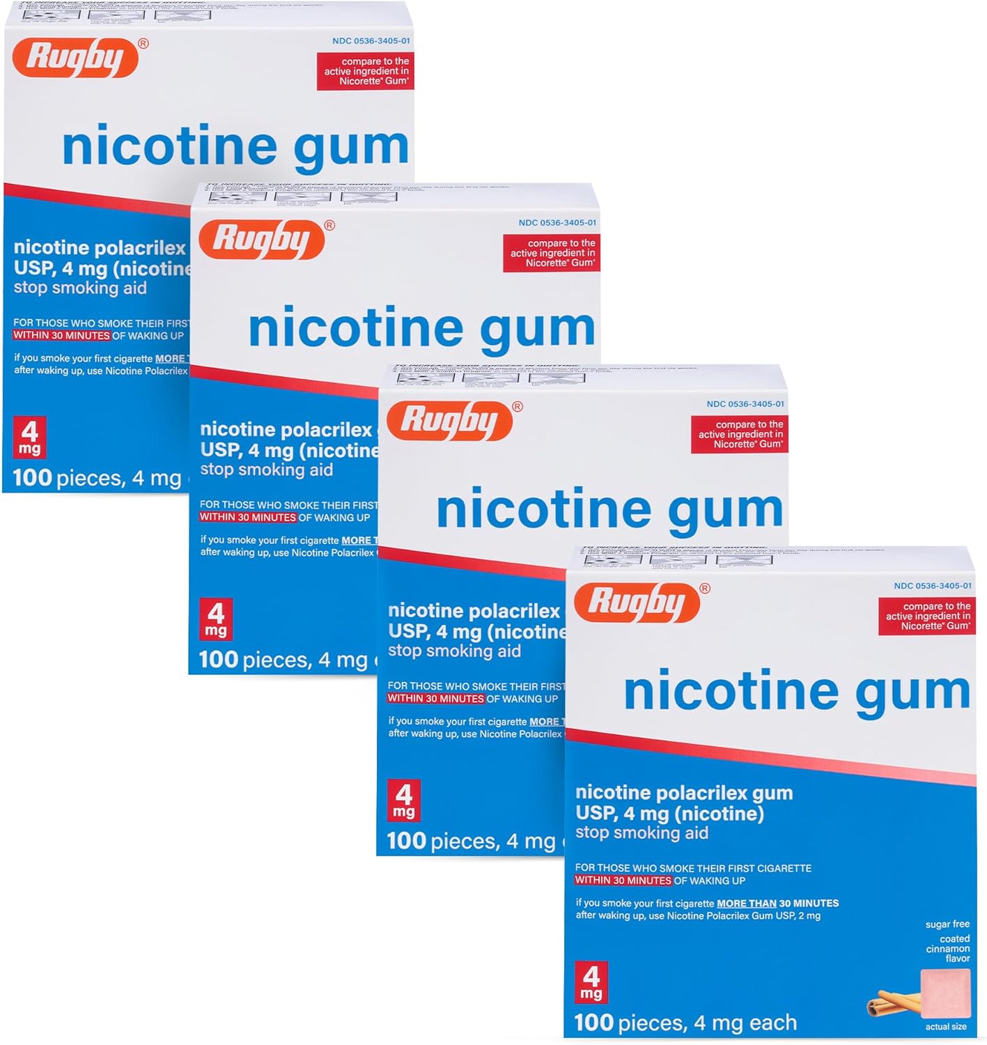Rugby Polacrilex 4mg Nicotine Gum - Cinnamon Flavor, Quit Smoking and Vaping Aid, Sugar-Free,100 Count (4 Pack)