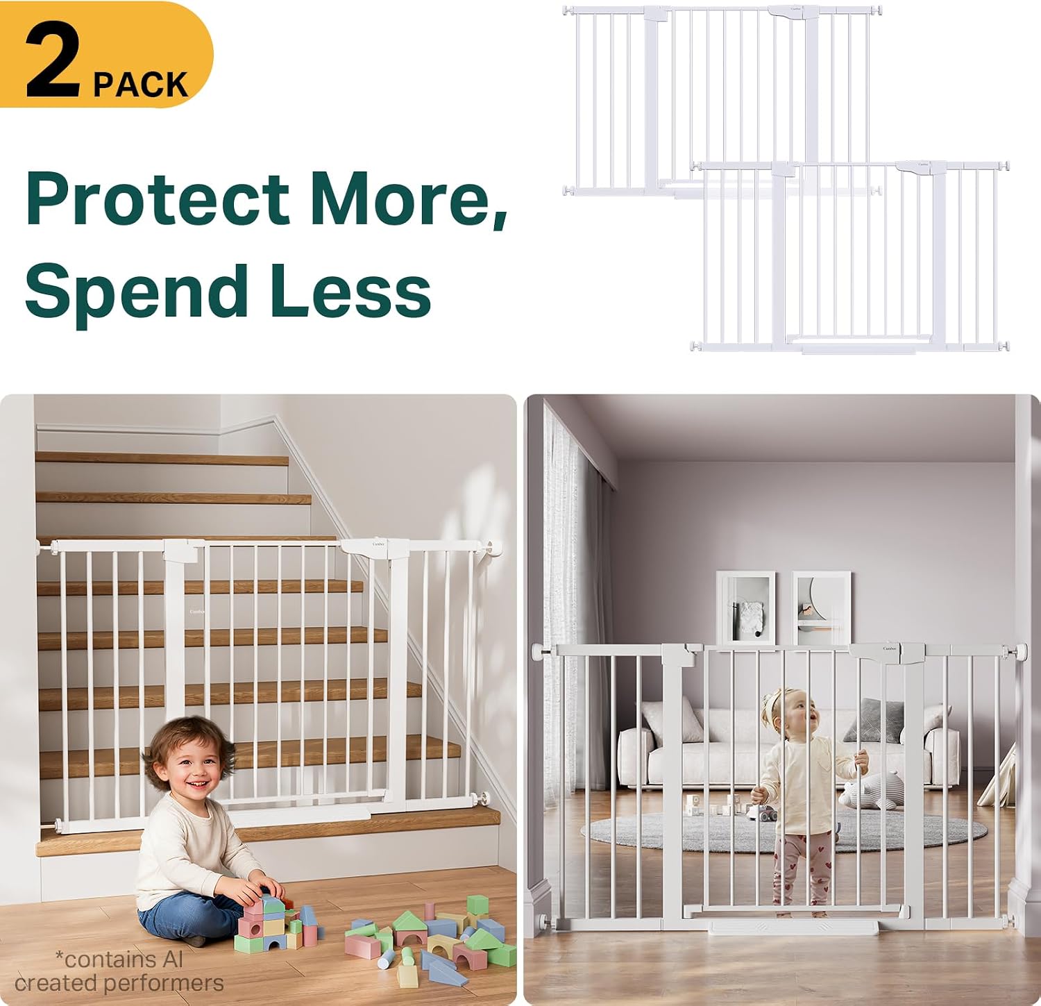 Cumbor 2-Pack 29.7-51.5 in Extra Wide Baby Gate for Stairs, Dog Gate White | Auto Close & Double Lock for Doorways, One-Hand Open Child Gate for Toddler & Pets Indoor, Pressure or Hardware Mounted
