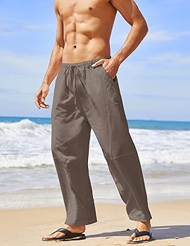 COOFANDY Men's Linen Yoga Pants Drawstring Elastic Waist Baggy