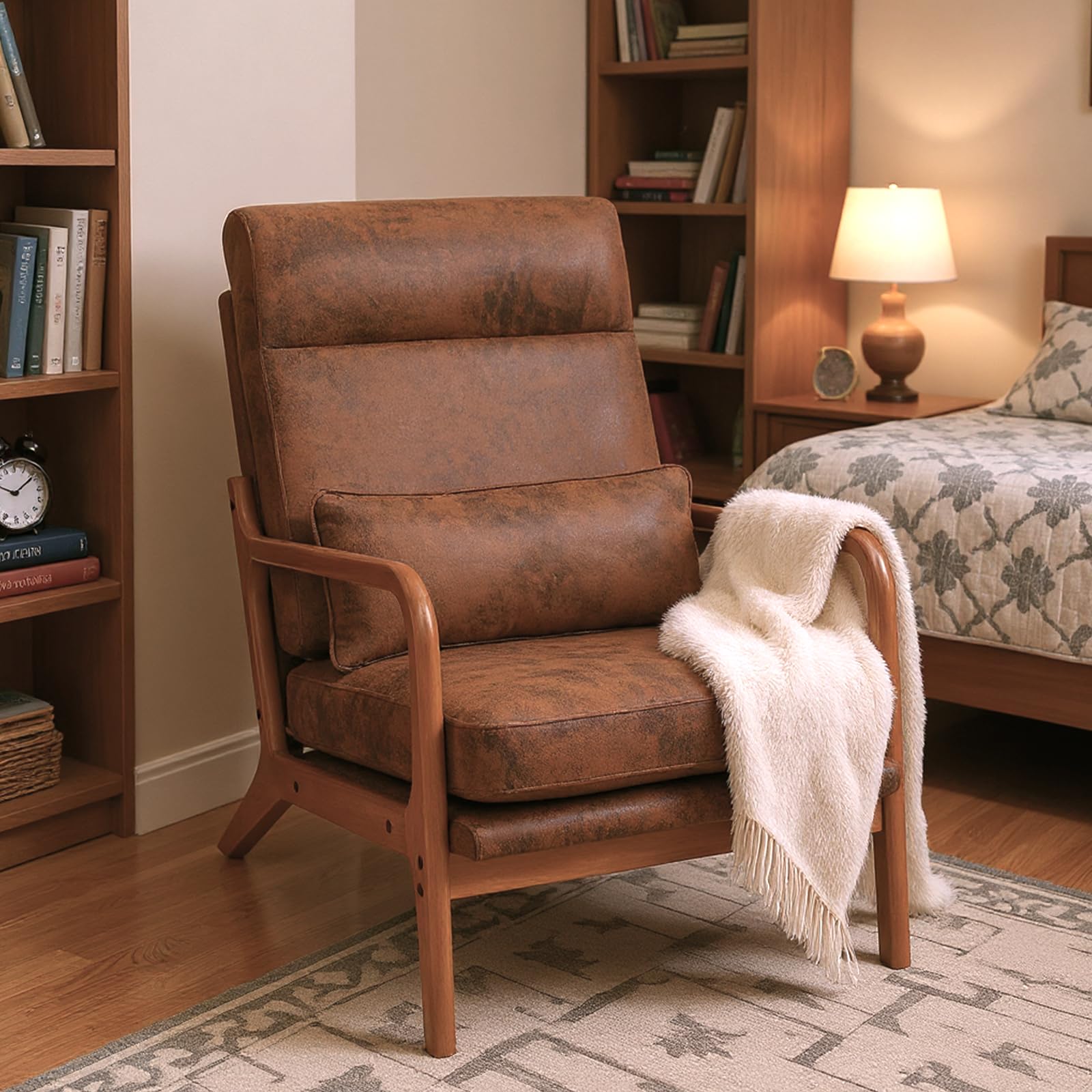 JOYBASE Lounge Accent Chair, Mid Century Modern Chair, High Back Chair, Wood Frame Armchair, Comfy Reading Chair for Living Room, Office, Bedroom (Coffee Brown, Bronzing Cloth)