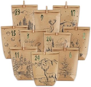 PANSIBY Advent Calendar for Filling, 24 Christmas Calendar Paper Bags for Self-Filling, Gift Kraft Paper Bags, Advent Bags, Fill Yourself for Children, Adults