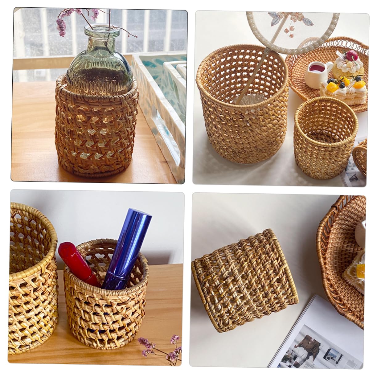 Uonlytech Porte-pinceaux Cosmétiques en Rotin Tissé Robuste, Organisateur Multifonction Élégant pour Bureau et Coiffeuse, Pot à Pinceaux de Maquillage Pratique