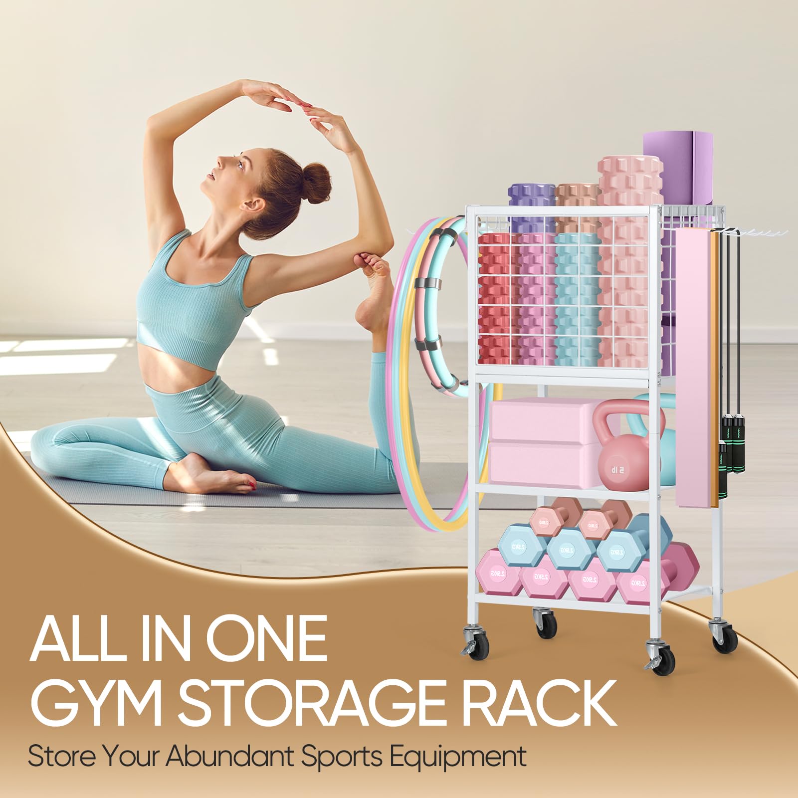 CADUKE Dumbbell Rack & Stand, Yoga Mat Storage with Hooks and Wheels, Home Gym Weight Rack for Dumbbells, Kettlebells, Yoga Mat, Yoga Block, Foam Roller and Resistance Band