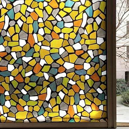 CVANU Privacy Window Film Printed Yellow Flower Window Frosting Film Window Sticker Window Cling Frosted Vinyl Sheets for Front Door/Bathroom/Sidelight/Small Windows, 12''x100'', Botanical