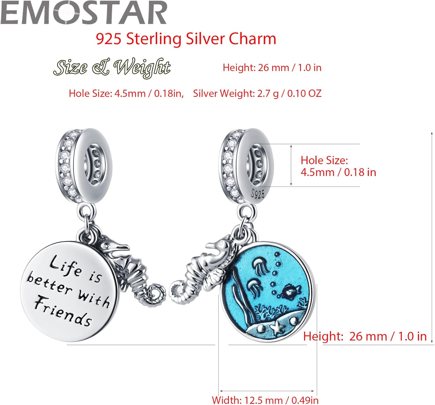 Sea Ocean Charms fits European Summer Animal Bracelet, Mother/Son Dolphins, Turtle on Blue Glass Beads, Rose Gold Fish, Seahorse Tropical Sea life Dangle in 925 Sterling Silver, for Vacation Gifts - Image 3