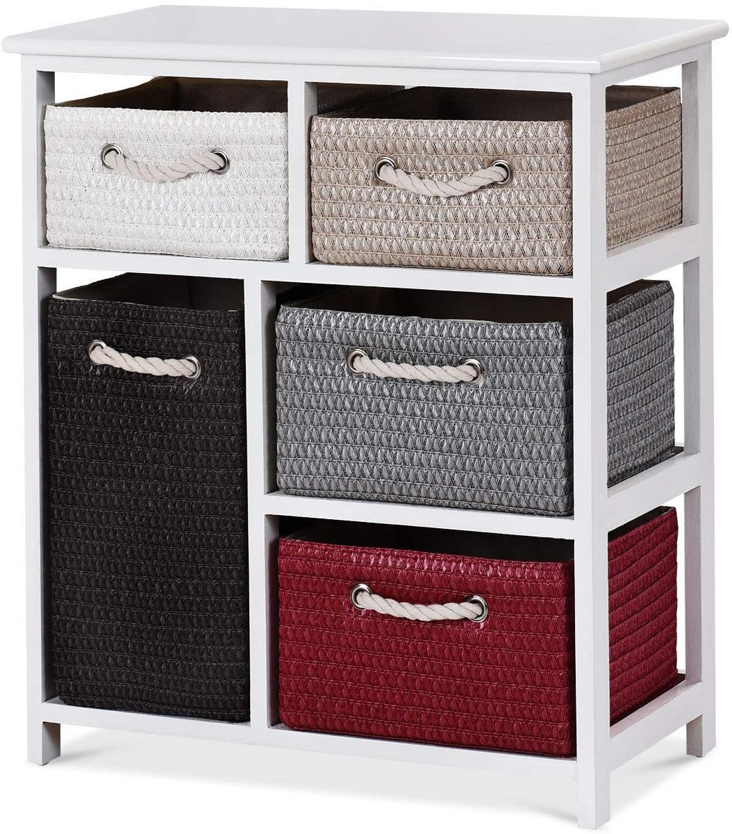 Wooden Nightstands Bedside Table 5 Weaving Drawers Storage Chest Tower Shelf Organizer