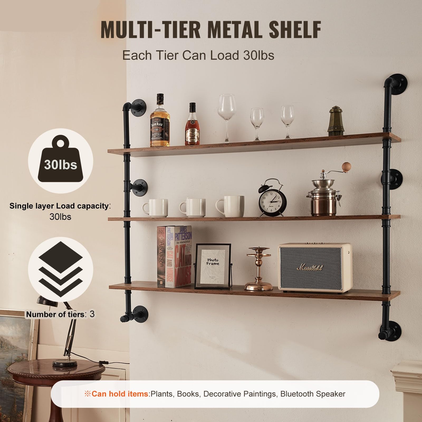 Happybuy Industrial Pipe Shelf, 3 Tier, Wall-Mount Rustic, for Rooms, Black