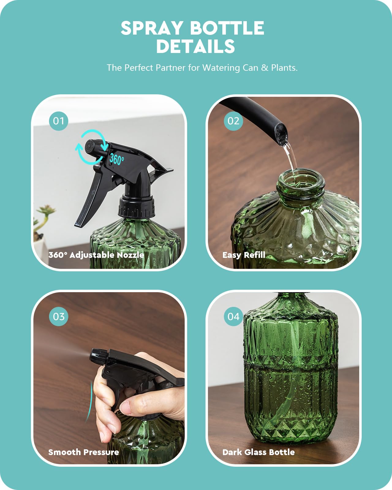 Baffect Ensemble d'arrosoir pour plantes d'intérieur comprenant un arrosoir en métal de 1,2 l à long bec et un flacon pulvérisateur en verre foncé de 382,7 g, un flacon pulvérisateur d'eau avec buse