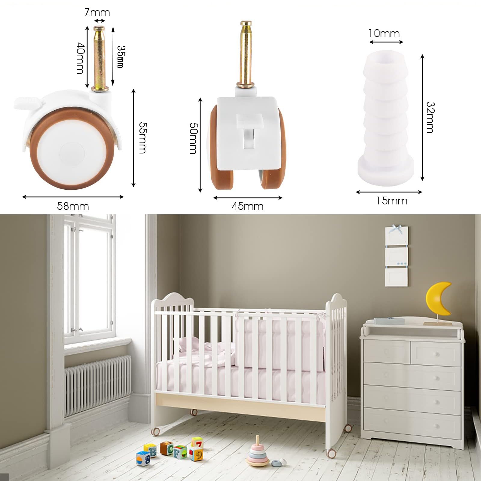 Roulettes pour Meubles d'enfants，4 Pièces Support roulettes pivotantes lit de bébé Roulettes de berceau pivotant，pour Berceaux, Poussettes, Chaises