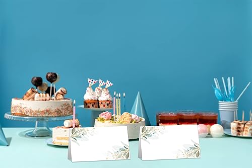 Miniatura 5 de Tarjeta de mesa de papel de aluminio dorado, juego de 25 tarjetas estilo tienda de campaña con eucalipto verde, tarjetas de nombre editables para