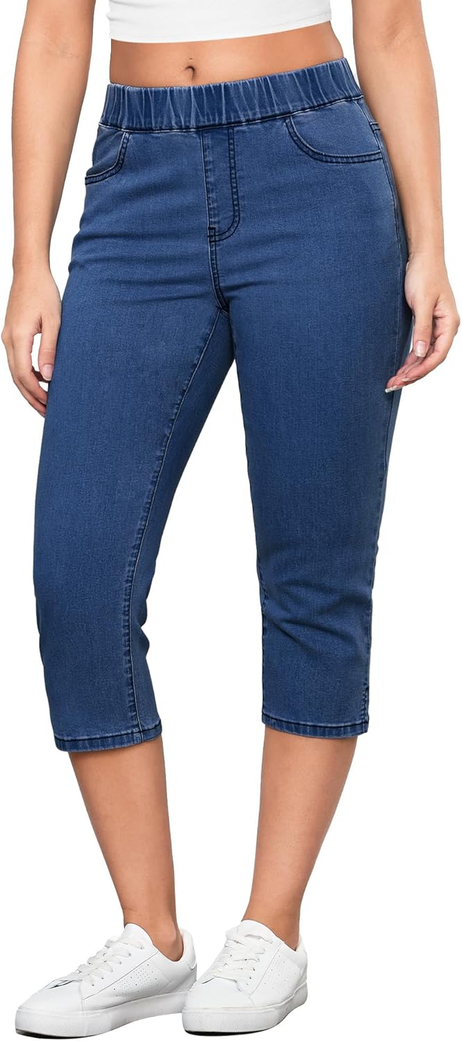 GRAPENT Capris Jeans for Women High Waisted Trendy Pull On Elastic Waist Split Hem Skinny Stretchy Denim Capri Pants