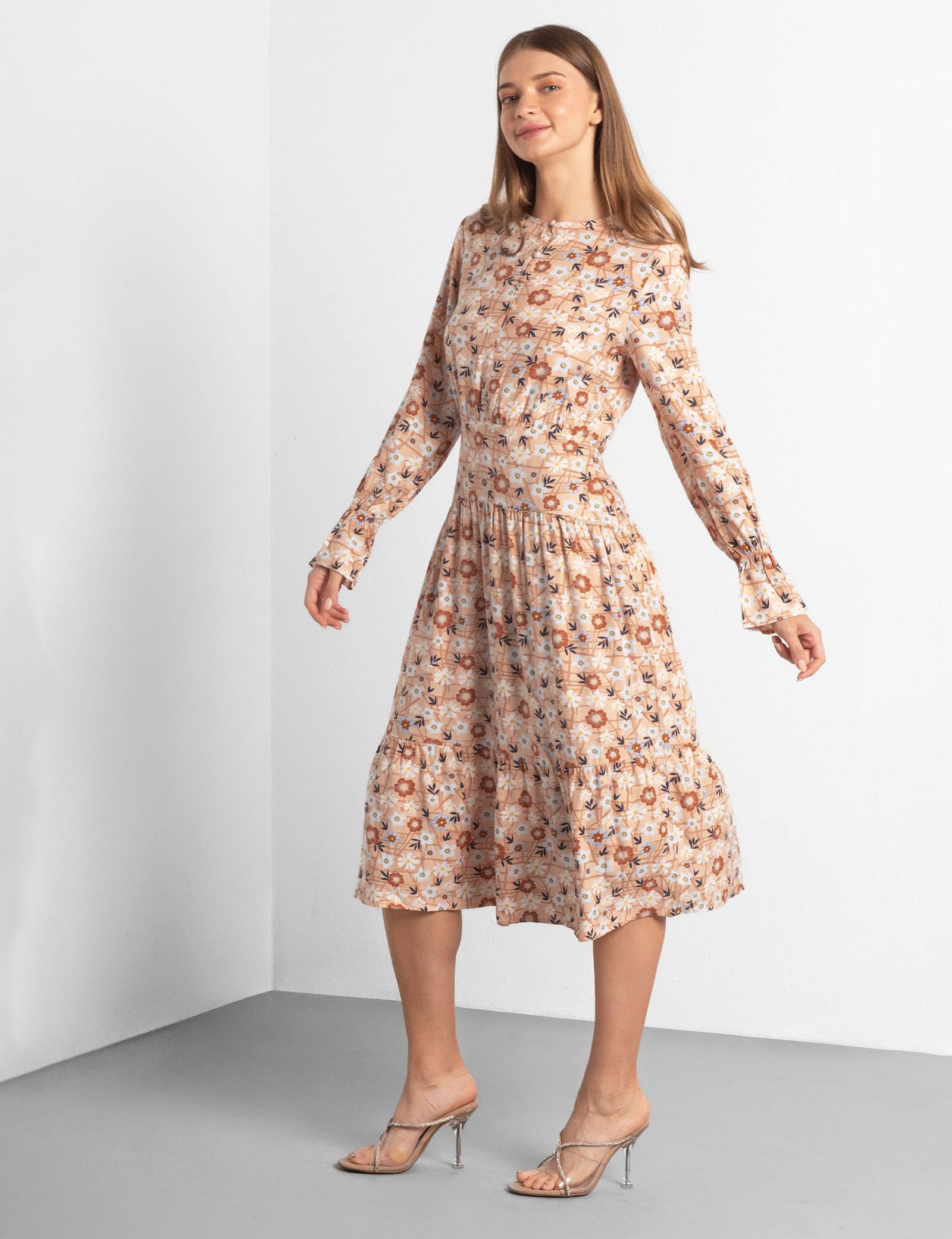 Vestido midi de viscosa de manga larga para mujer con estampado floral, elegante cuello de botón, cremallera lateral discreta y diseño escalonado para un estilo sin esfuerzo