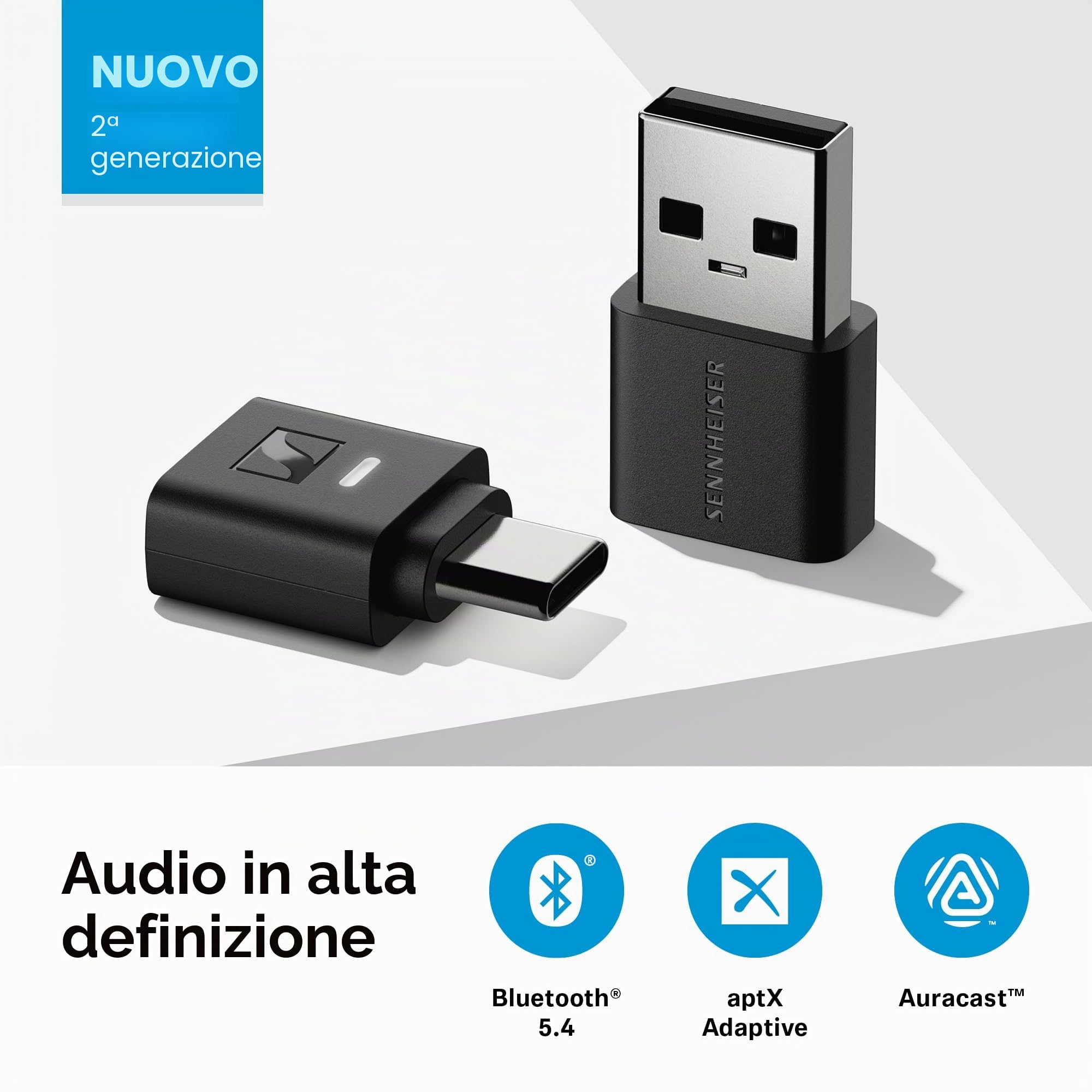 Sennheiser BTD 700 - Dongle Bluetooth USB, aptX Lossless, Auracast, Plug & Play, trasmettitore audio per cuffie e altoparlanti, latenza ultra bassa, compatibile con Bluetooth 5.4, USB-C e USB-A