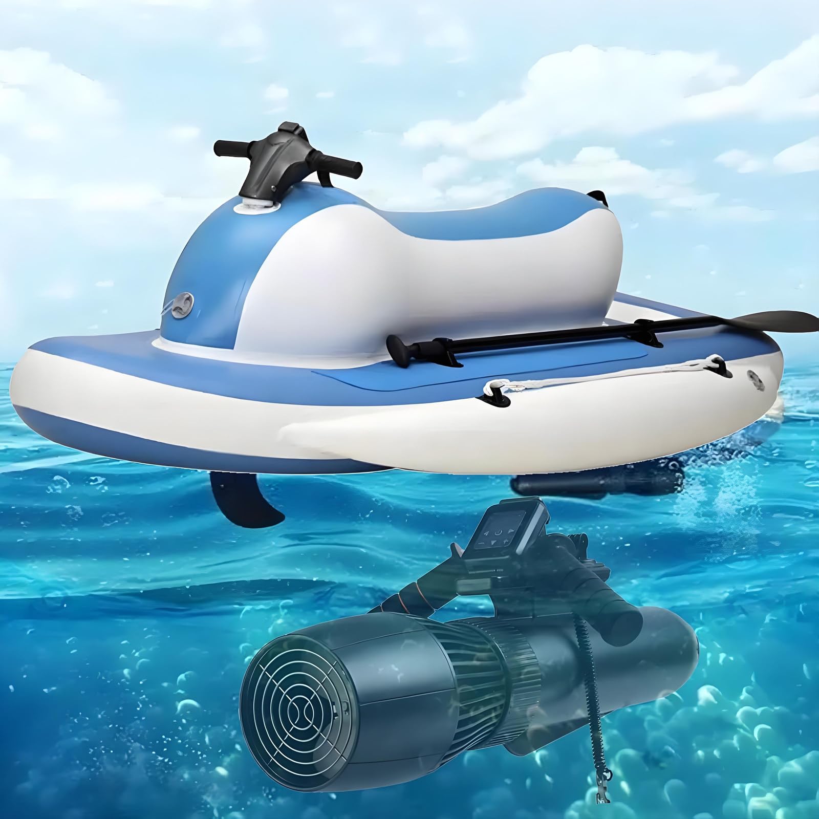 HEIHEIZI Summer Inflatable Water Ski with Underwater Scooter, Motos Electricas Adultos, 700W Motor, Barca Hinchable, 220kg(485lb) Electric Inflatable Boat for Adults, with Propeller Storage Bag