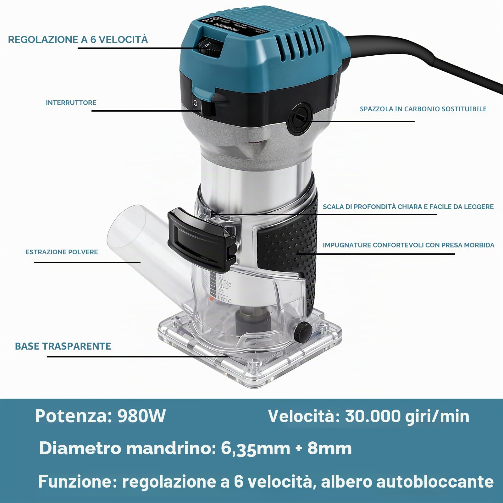 Fresatrice Verticale Legno, 1000w 30000 Rpm Rifilatore Fresatrice Pantografo Elettrica Per Legno Con 6 Velocità Regolabili, Legno Fresa Compatto Palm Trimmer Router Con 15 Pezzi 1/4" Fresatura