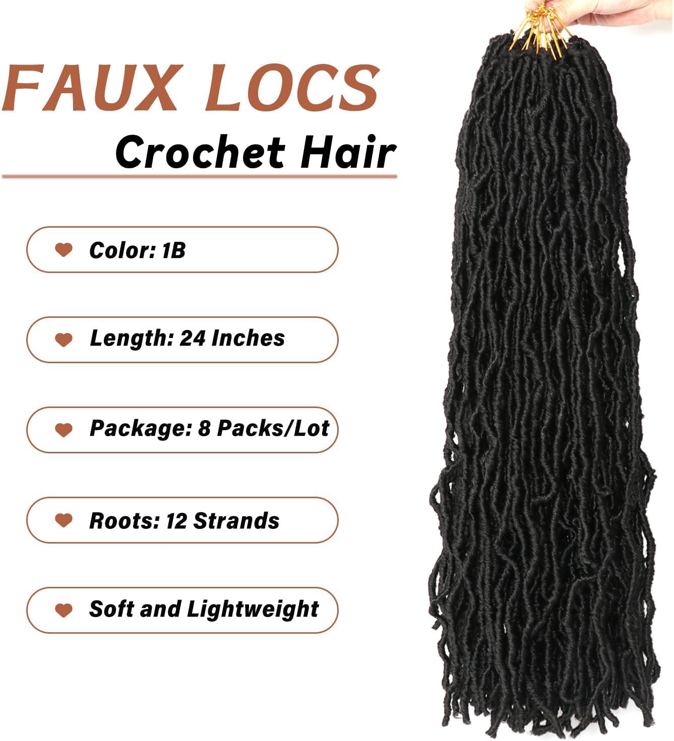 8 Packs Faux Locks Crochet Braids Meches Soft Locs Meches Pour Tresses Africaine Faux Locs Crochet Hair Meches Bouclees Pour Tresses (#1B, 60.9 CM(Lot de 8))