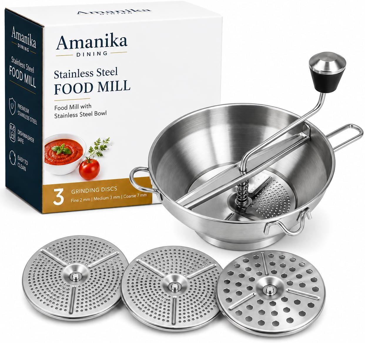 Food Mill Stainless Steel, 2 Qt Manual Food Mill with 3 Discs, Ergonomic Hand Crank, Baby Food Maker & Potato Ricer Stainless Steel for Tomato Sauce, Applesauce, Mashed Potatoes, Purees & canning