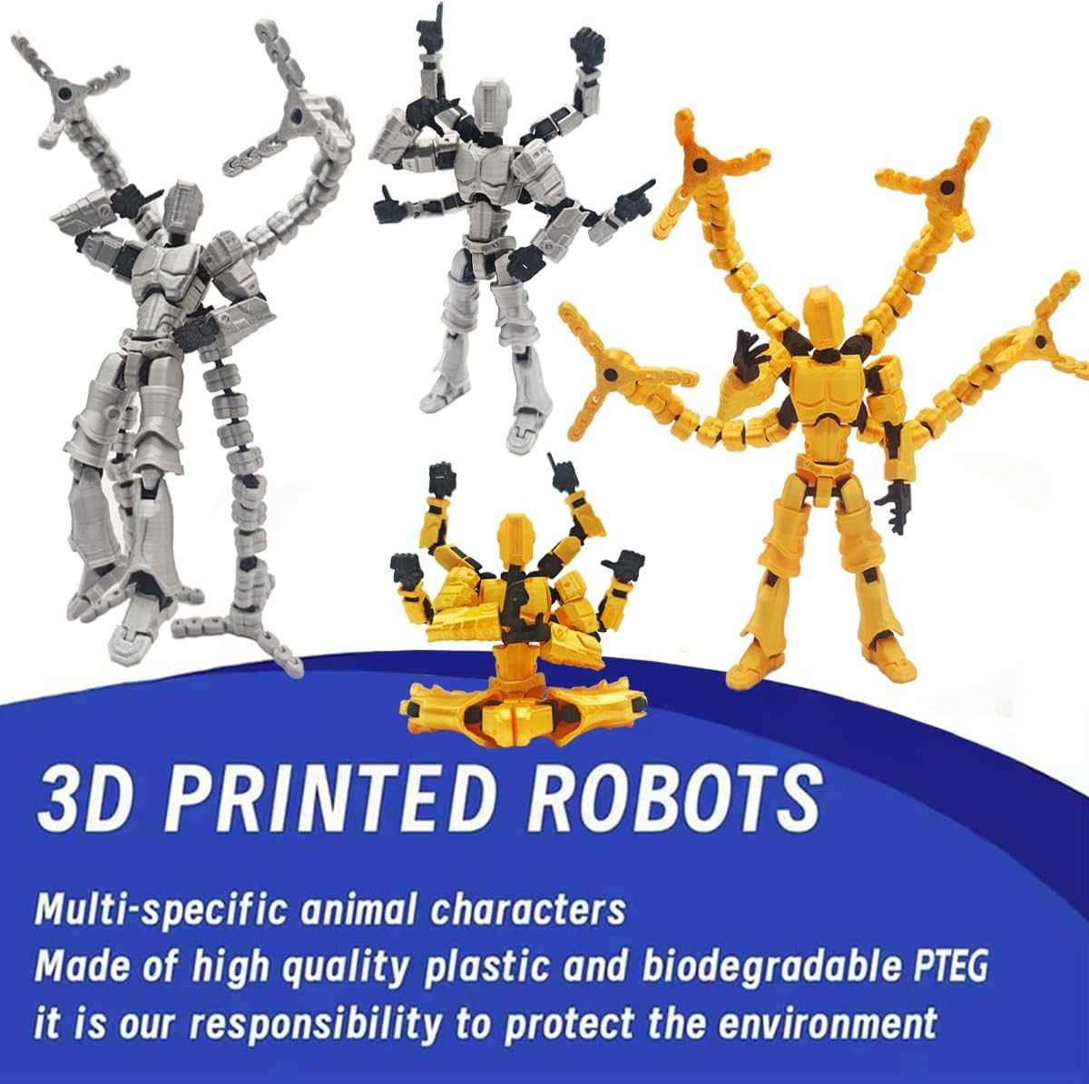 T13 3D Action Figure Set (Assembly Completed) 2 Pcs, 3D Printed Multi-Jointed, Titan 13 Action Figures, Multi-Articular Lucky Mobile Robot Nova,Desktop Decorations for Game Lovers Toys (Gold Sliver)