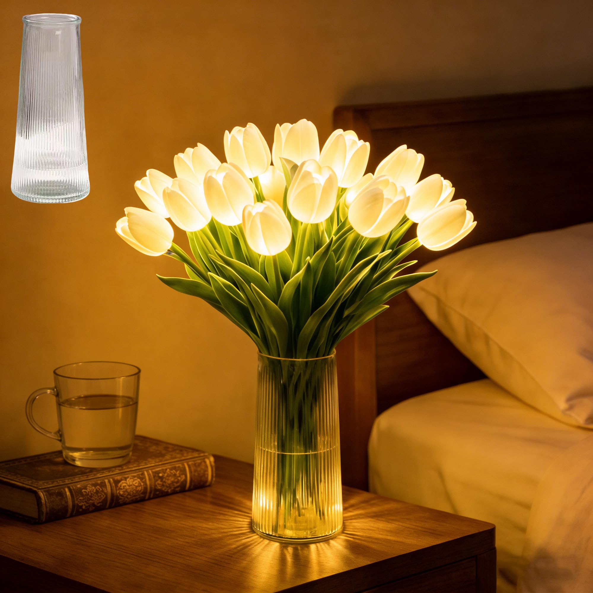 15 PCS Radiant Romantic Tulip Light with a Vase, Twinkling Led Tulips that Never Fade, Flower Shaped Ambient Night Lamp for Bedroom Bedside Decor & Gift (White)