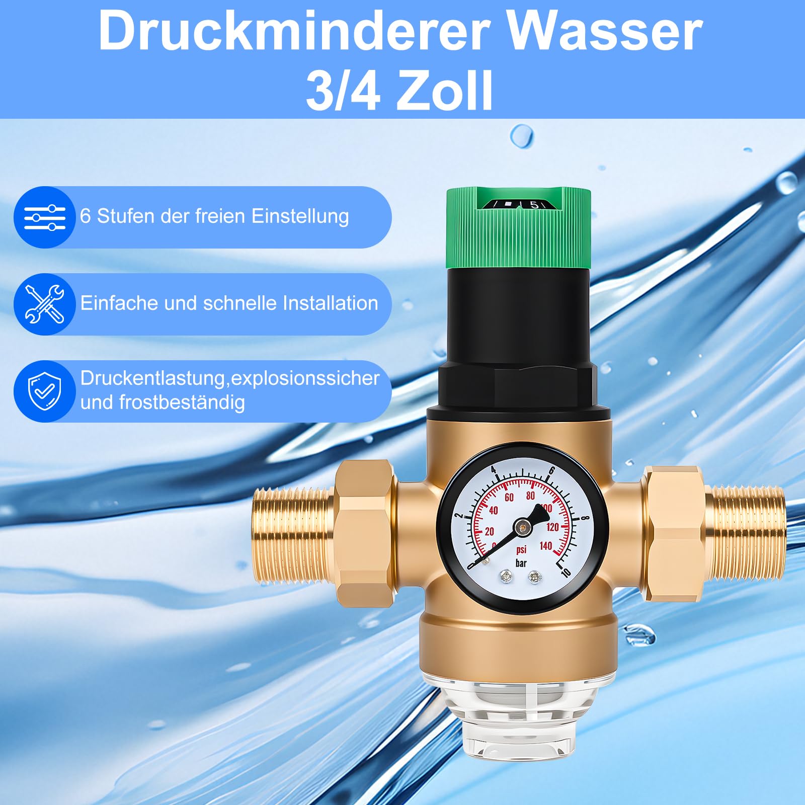 Diealles Shine Druckminderer Wasser 3/4 zoll, Druckregler Wasser mit Manometer und Siebfilter, Druckminderventil Druckregler Messing für Häuser Gebäude Fabriken