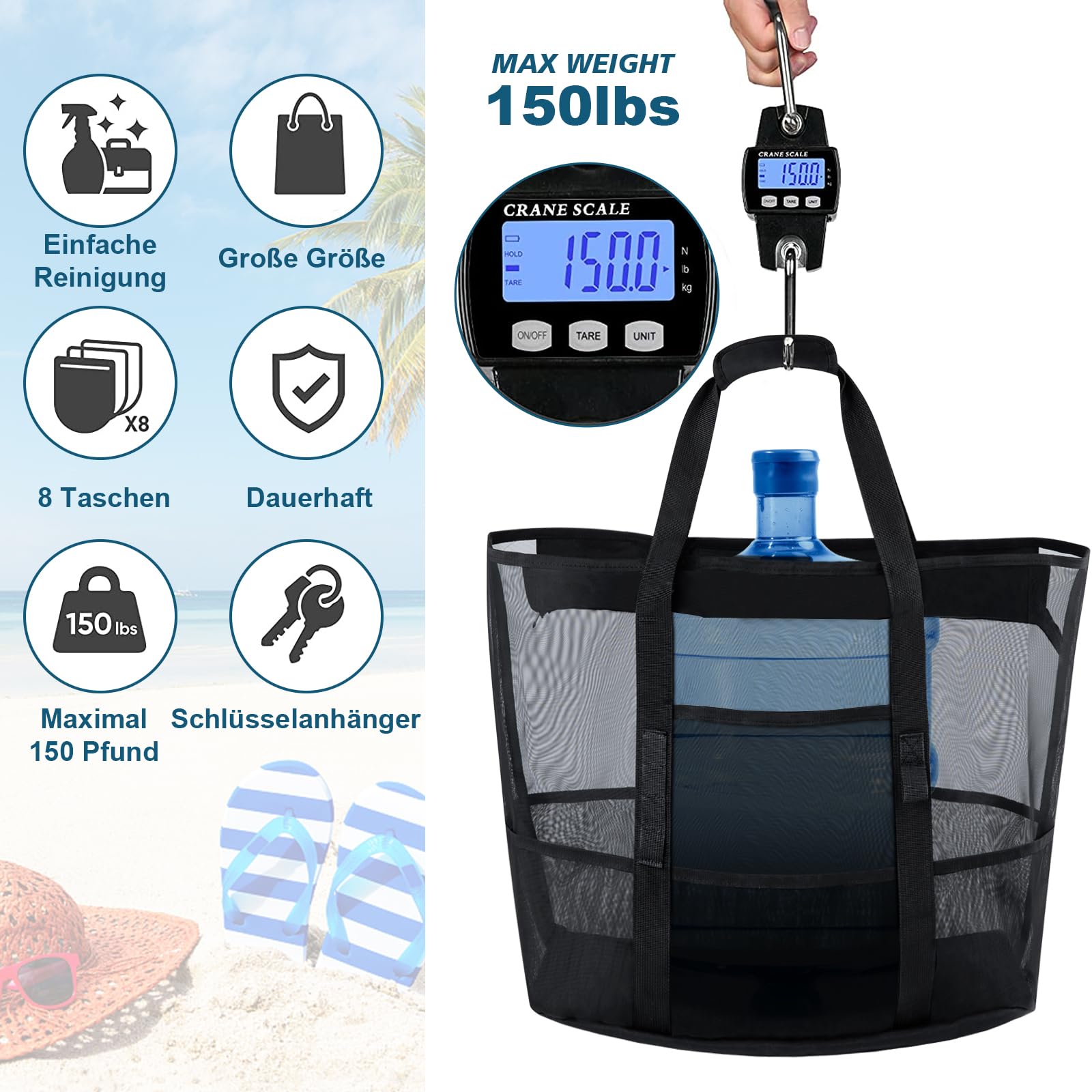 BBLIKE Torba plażowa w maille, duża torba plażowa xxl rodzinna, duża torba damska składane torby na ramię z wieloma kieszeniami na plażę, wakacje, zakupy i podróże, Czarny (Black), 70*20*40cm