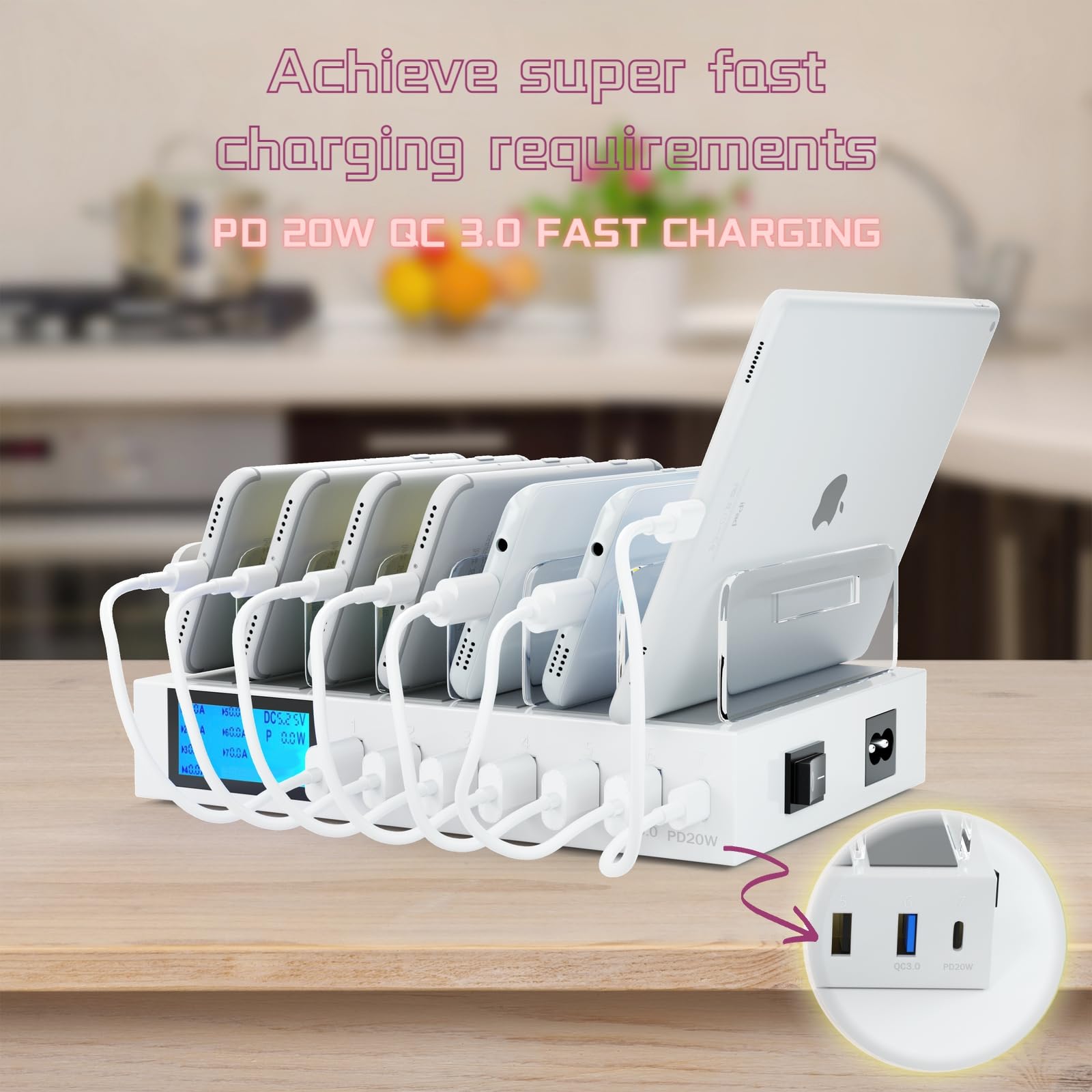 Stazione di Ricarica USB a 7 Porte Caricatore con 7 Cavi per iPhone iPad Tablet