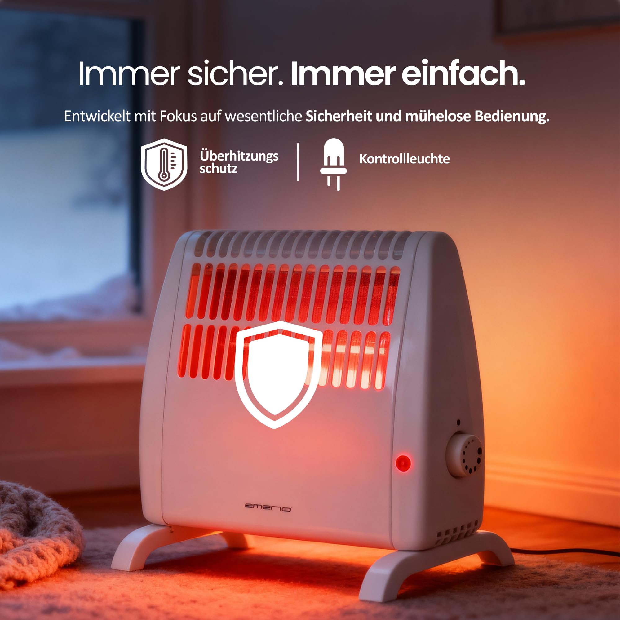 EMERIO Frostwächter | 500W Heizleistung | elektrische Heizung | Halt Räume frostfrei | regelbarer Thermostat | Frostschutzfunktion | Überhitzungsschutz | große Standfüße + Wandhalterung | FG-117320
