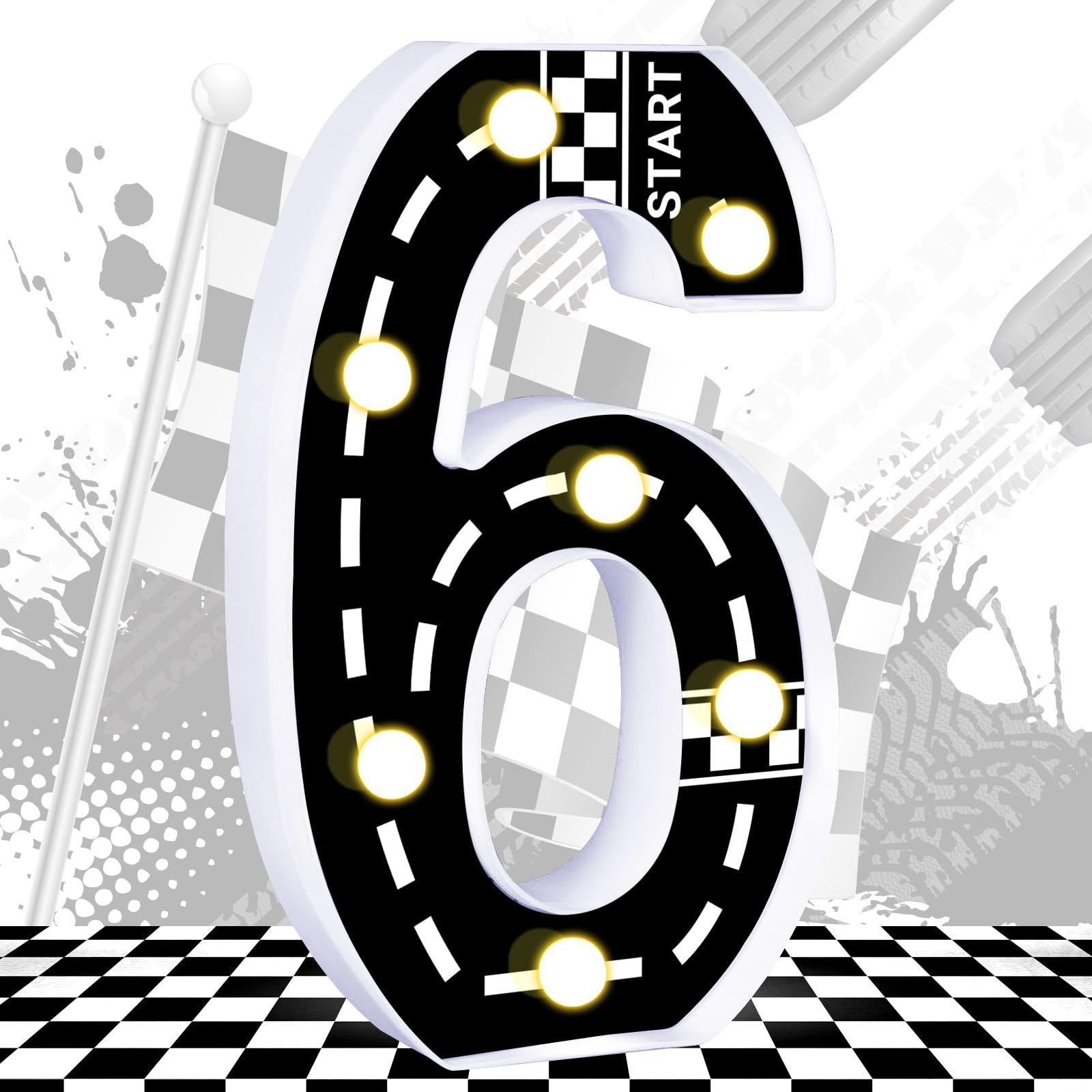 Racing Car Light Up Numbers Checkered Decorations Happy Birthday Light Up Sign Racetrack Inspired Decor Cars Theme Party Supplies (Number 6)