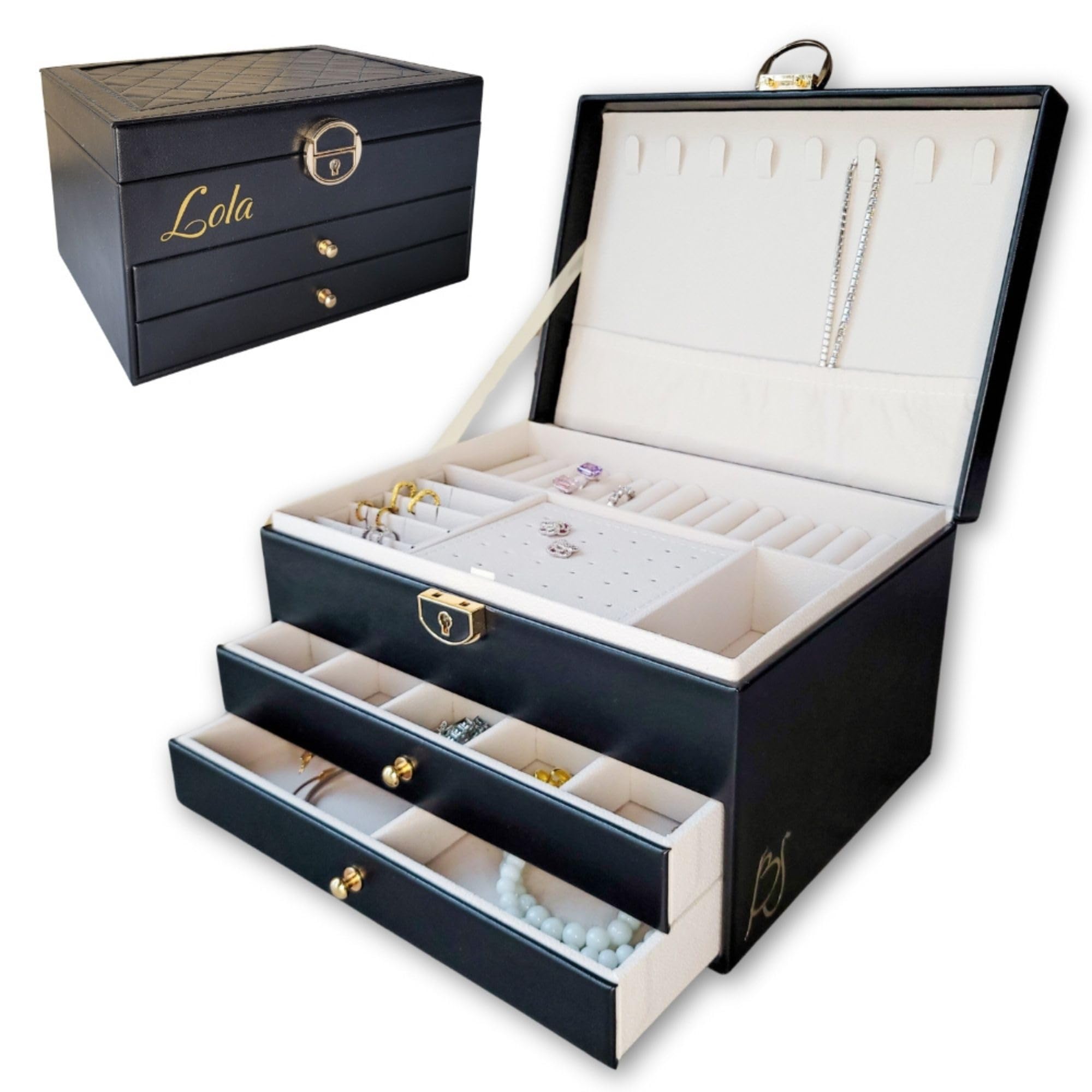 BS Portagioie per donna e ragazza, scatola portagioie personalizzata con nome, regalo per feste, portagioielli in pelle vegana, organizer per gioielli (nero)