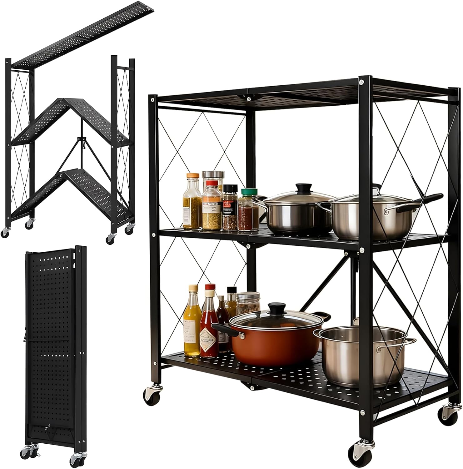 Metal Storage Rack, 3 Tier Foldable Storage Shelves with Wheels, No Assembly Portable Metal Shelving, Collapsible Rolling Standing Shelf Units for Garage, Kitchen, Pantry, Black