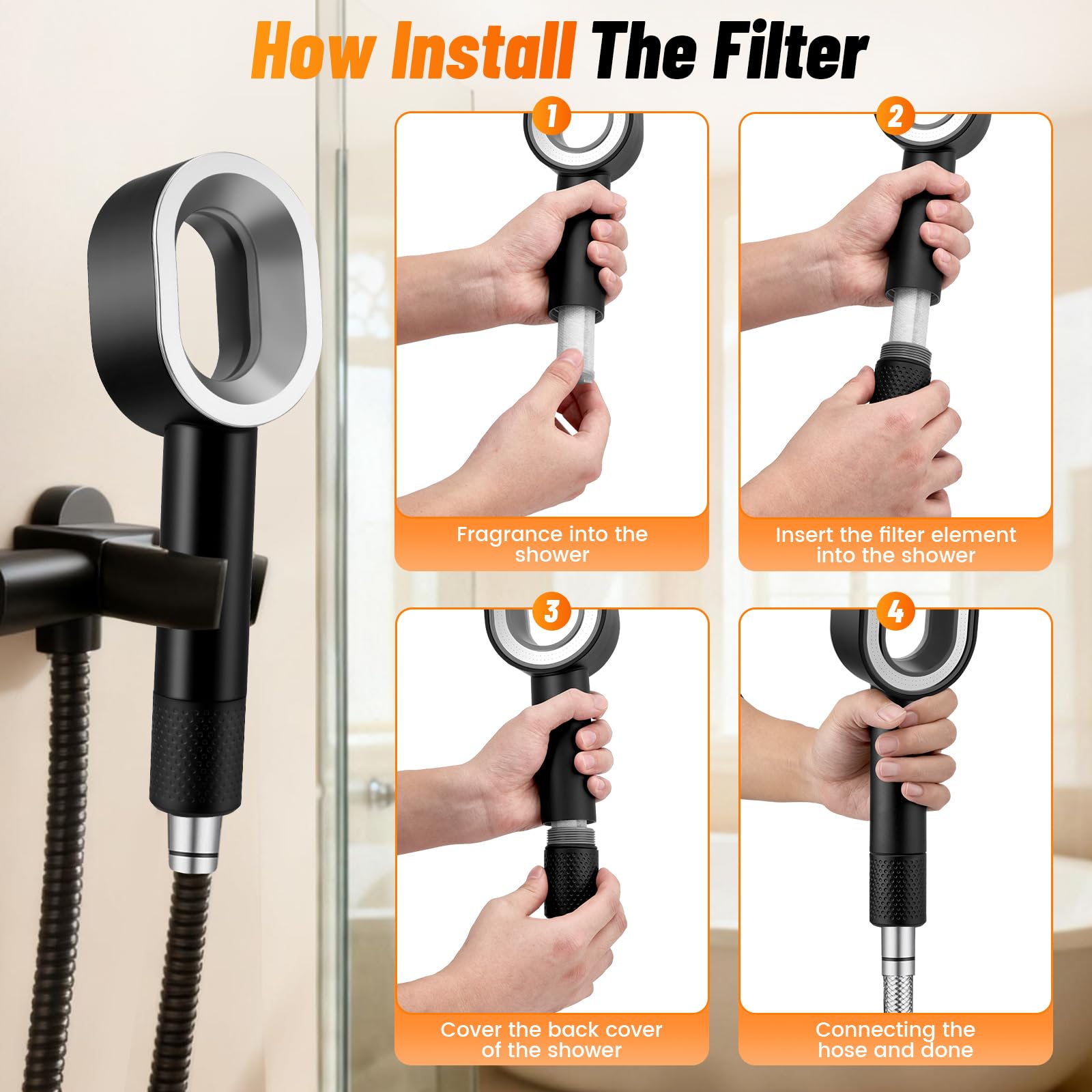 Filtersonic - Alcachofa de ducha 3 en 1, alta presión, con 2 cabezales de cepillo de limpieza y fragancia, elimina la cal, el cloro residual, bacterias, metales pesados (negro)