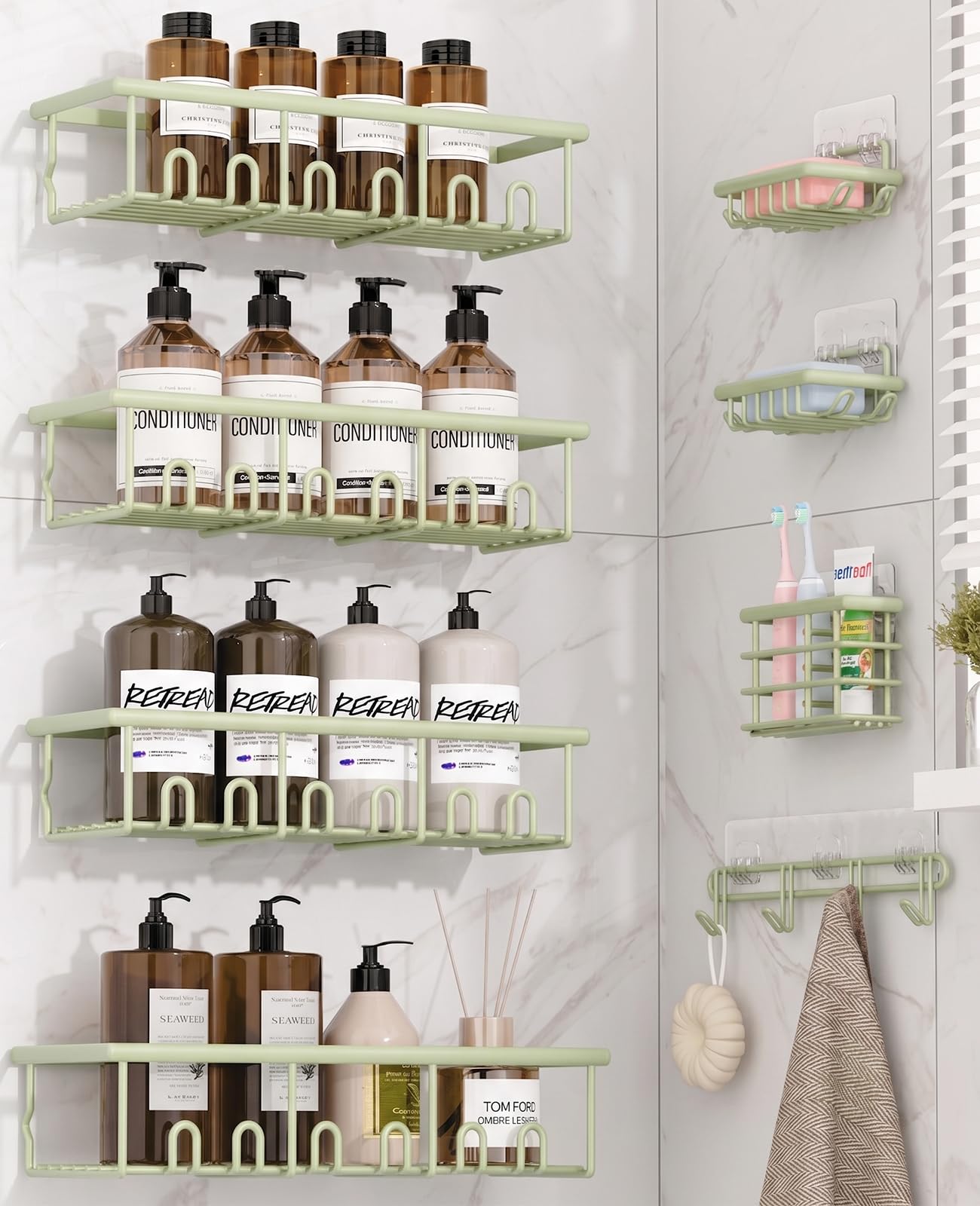 Zeawac 8 Pack Adhesive Bathroom Holders & Dispensers, Green