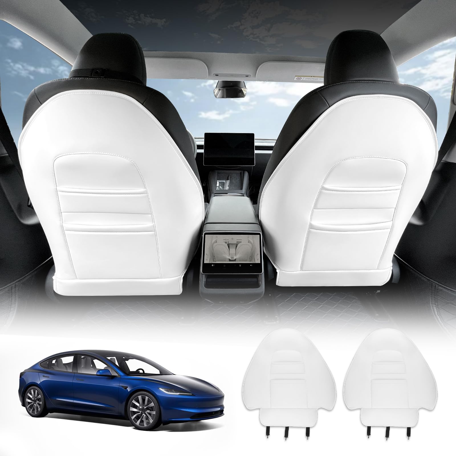 für Tesla Model 3 2024 sitzschoner kindersitz rückenlehne Model 3 seat Kick Protector Rücksitz Anti-Kick Leder Sitz zurück (Weiß)