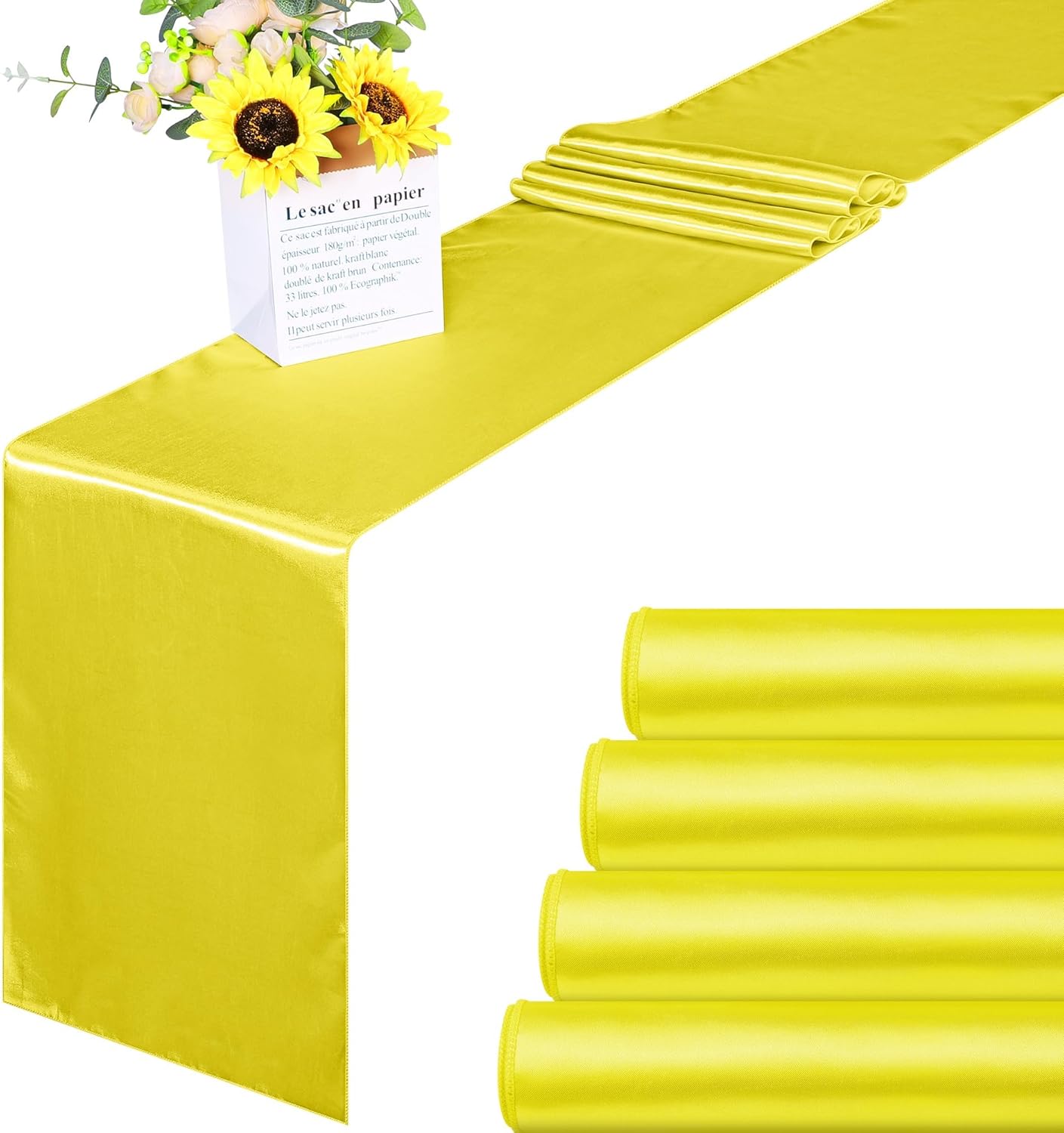 Aneco 12 Pack Satin Table Runner 12 x 108 Inch Yellow Long Wedding Satin Silk Table Runner for Wedding Banquet Graduations Birthday Party Decoration