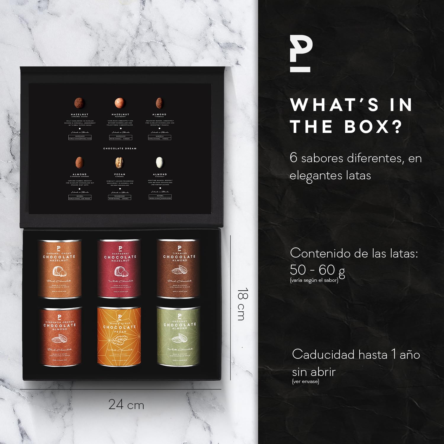 P-Stash Black Box Mix de Frutos Secos Chocolate Dream – Caja de 6 – Nueces pecanas, Avellanas & Almendras – Frutos secos con chocolate y especias únicas, tostados a mano en Berlín