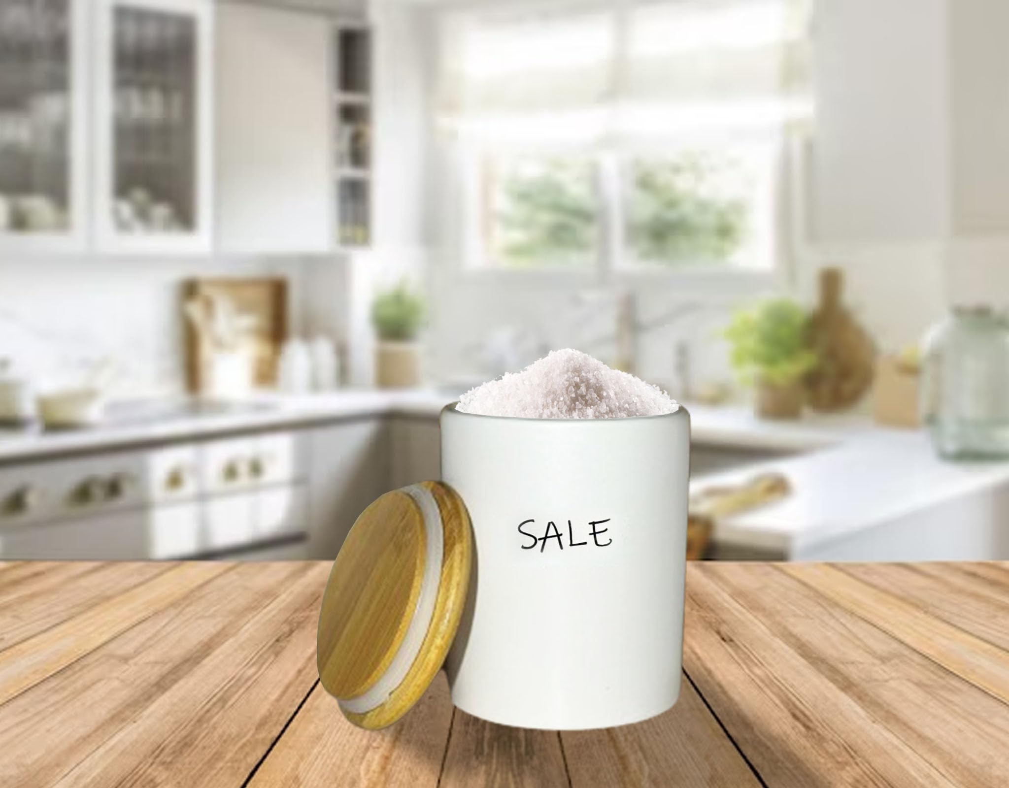 Set 3 Barattoli Ceramica Sale Zucchero Caffè con Tappo in Legno – Contenitori Cucina Ermetici Bianchi Stile Shabby – 10x13 cm