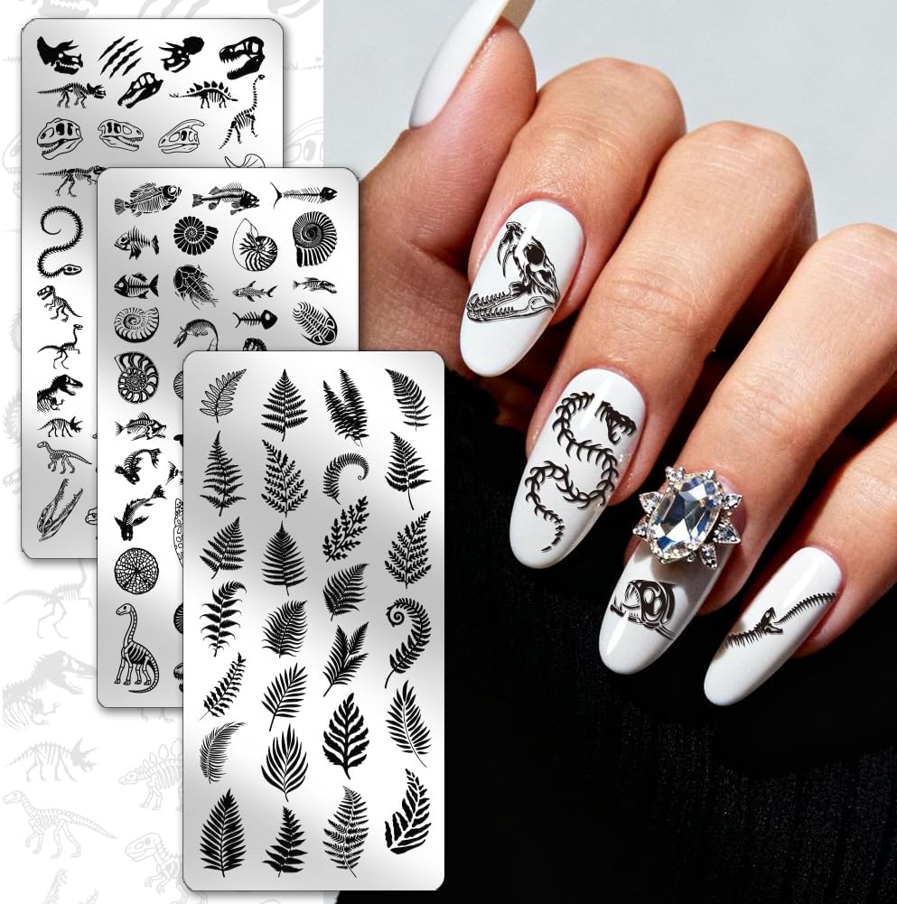 PH PandaHall 111 Patterns Dinosaur Fossils Nail Stamping Plates 3pcs Snake Fish Fossil Nail Stamper Marine Fossils Nails Image Plates Leaf Plant Nails Art Stencils for Women Manicures Salon Design