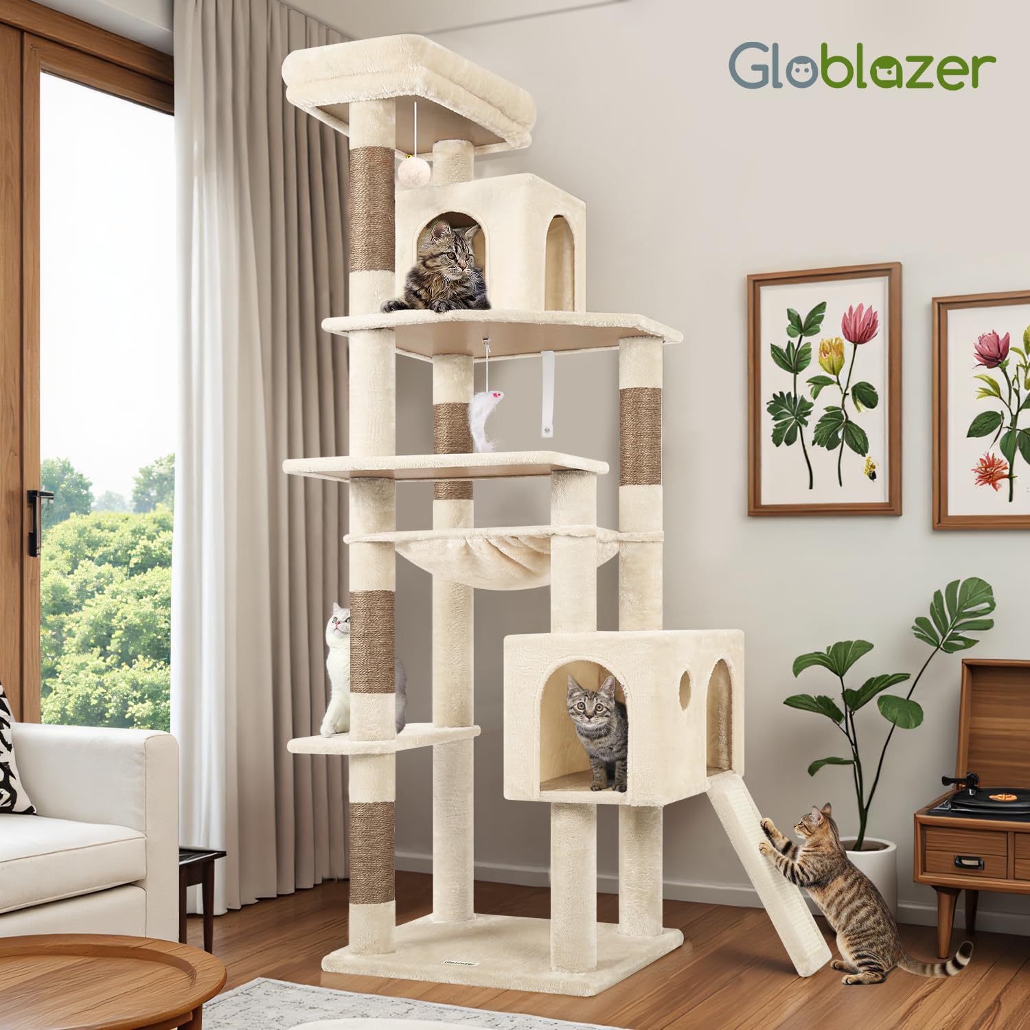 Globlazer F70 Pro Kratzbaum Groß Beige 180cm mit hängematte für 2-4 Katze | XXL Stabil Katzenbaum mit 2 Katzenhaus, Gepolsterte Plattformen, Kratzrampe Sisal, für Große Katzen Ausruhen Spielen